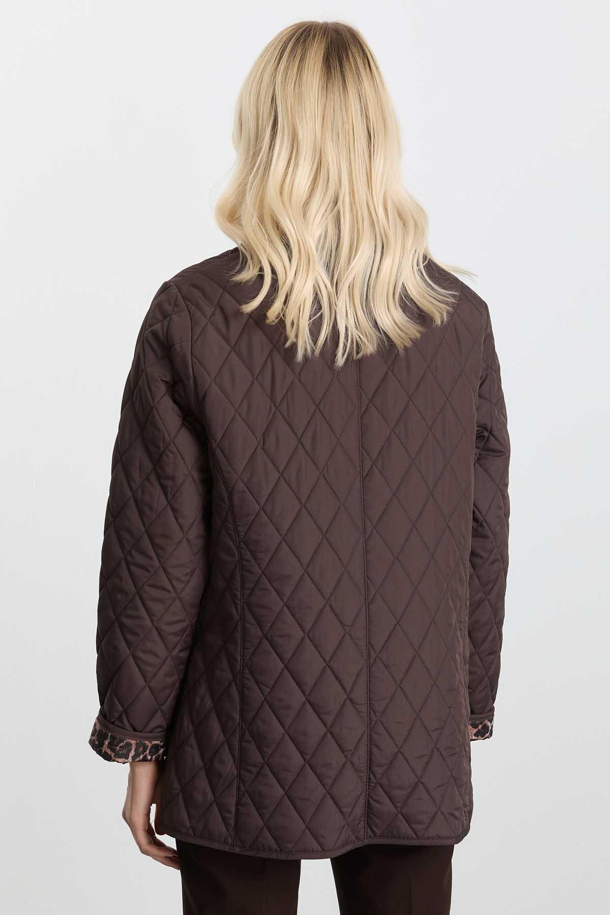 Selen Giyim  İçi Leopar Astarlı Şömizye Yaka Kapitone Mont / KAHVE - Görsel 5