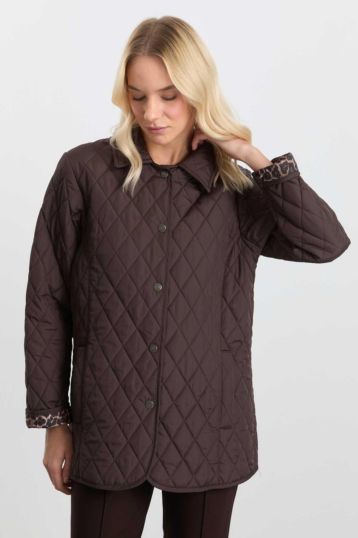 Selen Giyim  İçi Leopar Astarlı Şömizye Yaka Kapitone Mont / KAHVE - Görsel 4