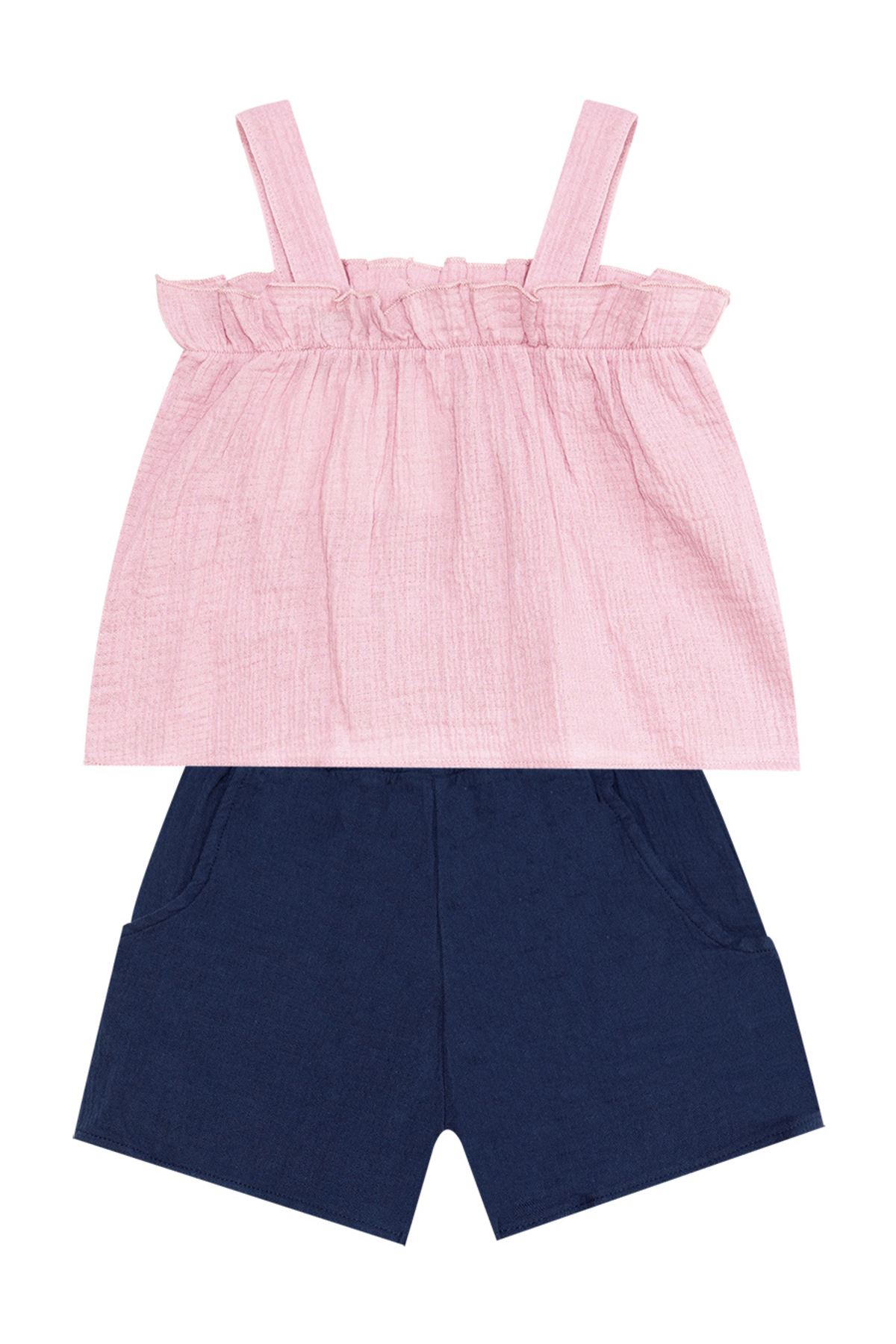 Denokids Kız Bebek Çocuk Pembe Yazlık Müslin Askılı Bluz Şort Takım fotoğrafı 3 (önizleme)