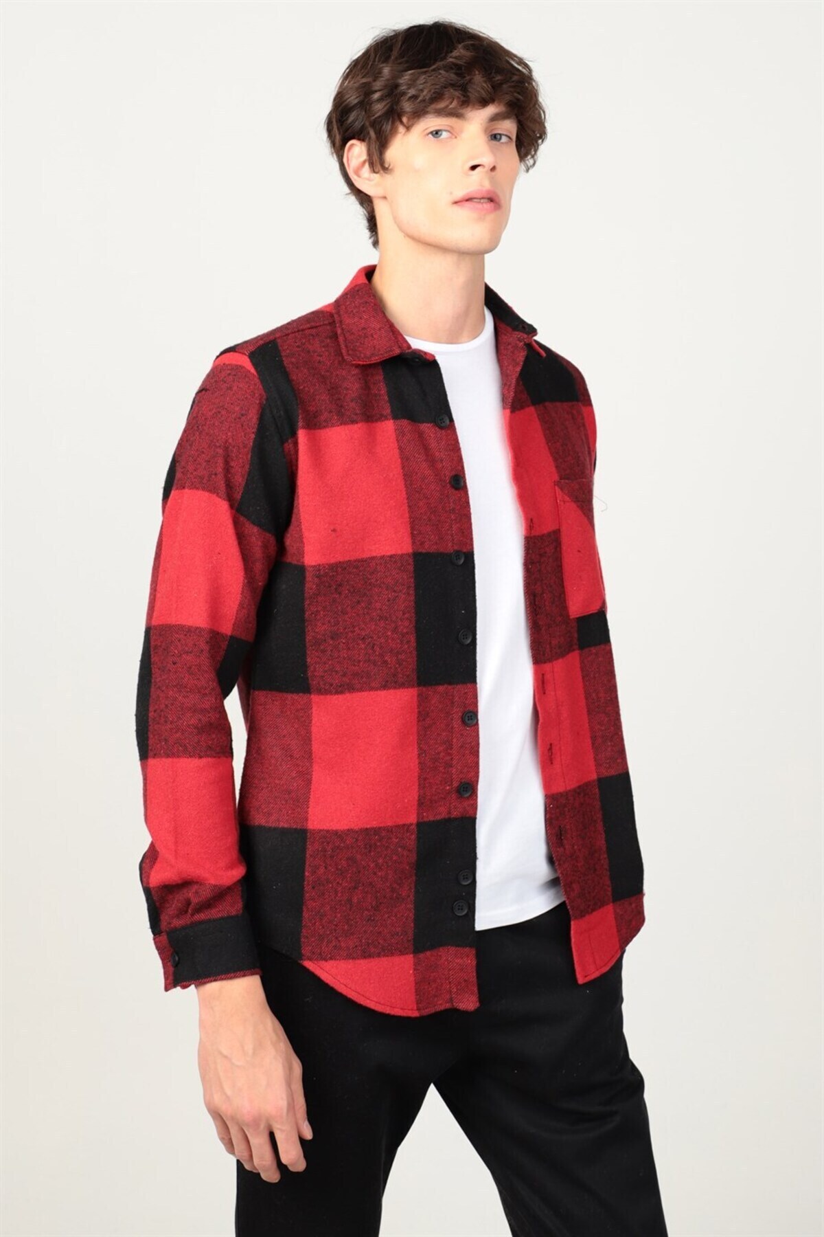 تودورز پیراهن مردانه زمستانی طرح چوب، آستین بلند، چهارخانه، تک جیب، مدل Lumberjack، رنگ قرمز، اسلیم فیت