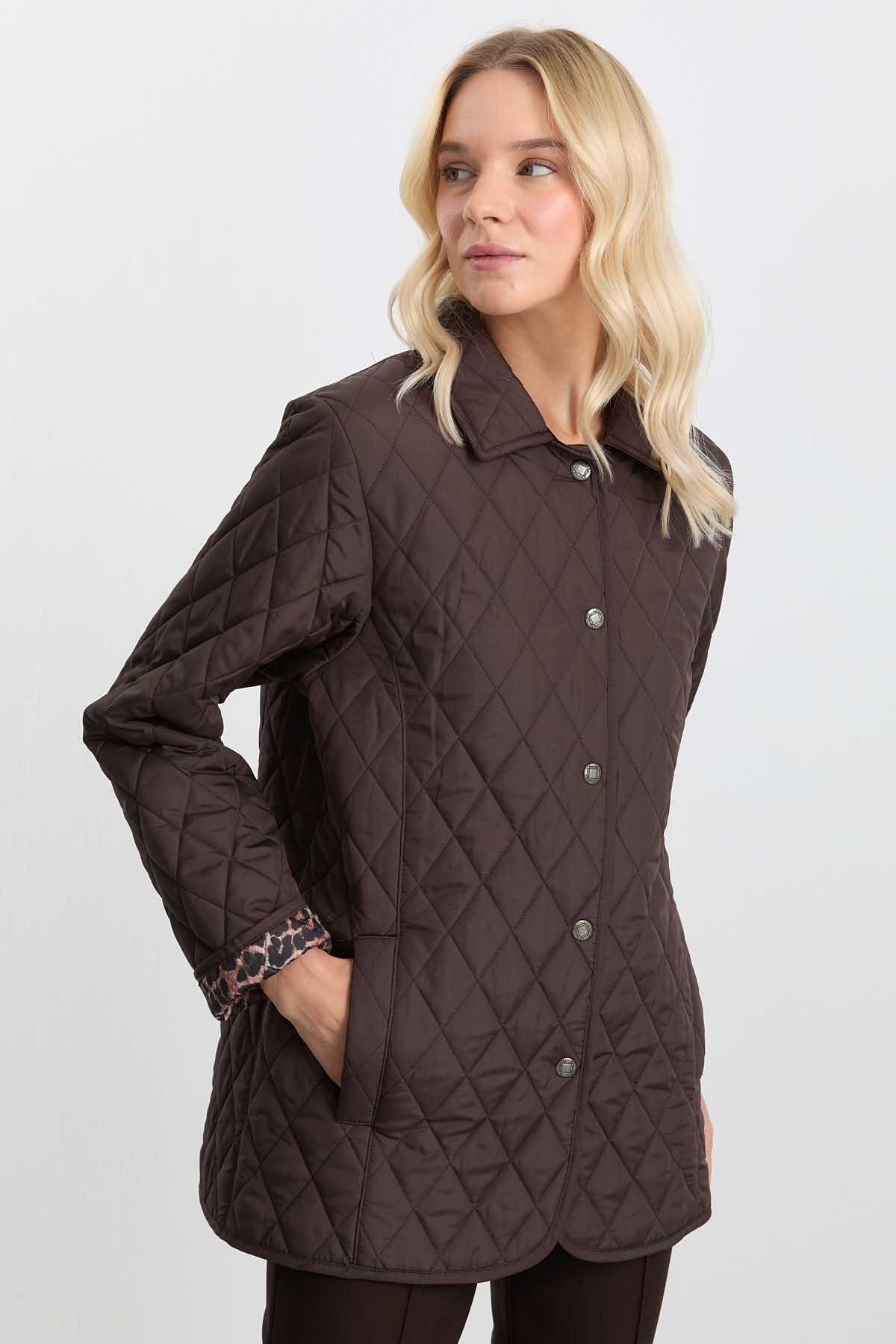 Selen Giyim  İçi Leopar Astarlı Şömizye Yaka Kapitone Mont / KAHVE - Görsel 3