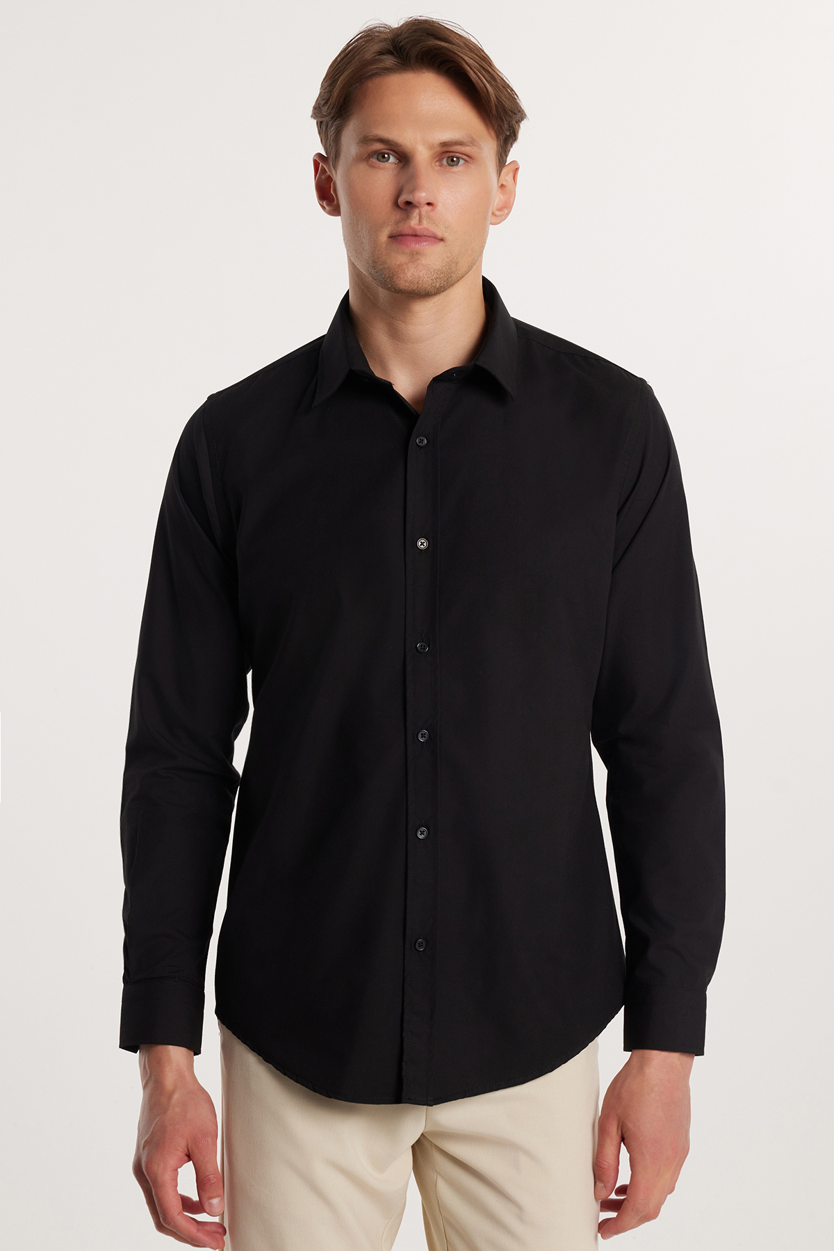 Tudors  Erkek Slim Fit Dar Kesim Pamuklu Terry Cotton Kumaş Kolay Ütü Siyah Gömlek - Görsel 5