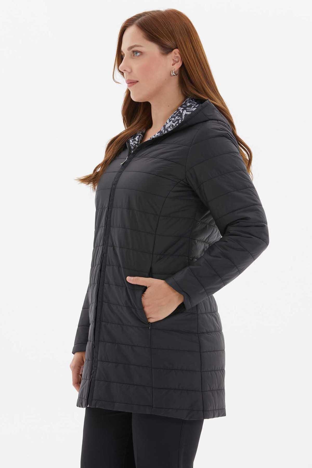 Selen Giyim  Kapüşonlu Desenli Astarlı Kapitone Mont / SİYAH - Görsel 4