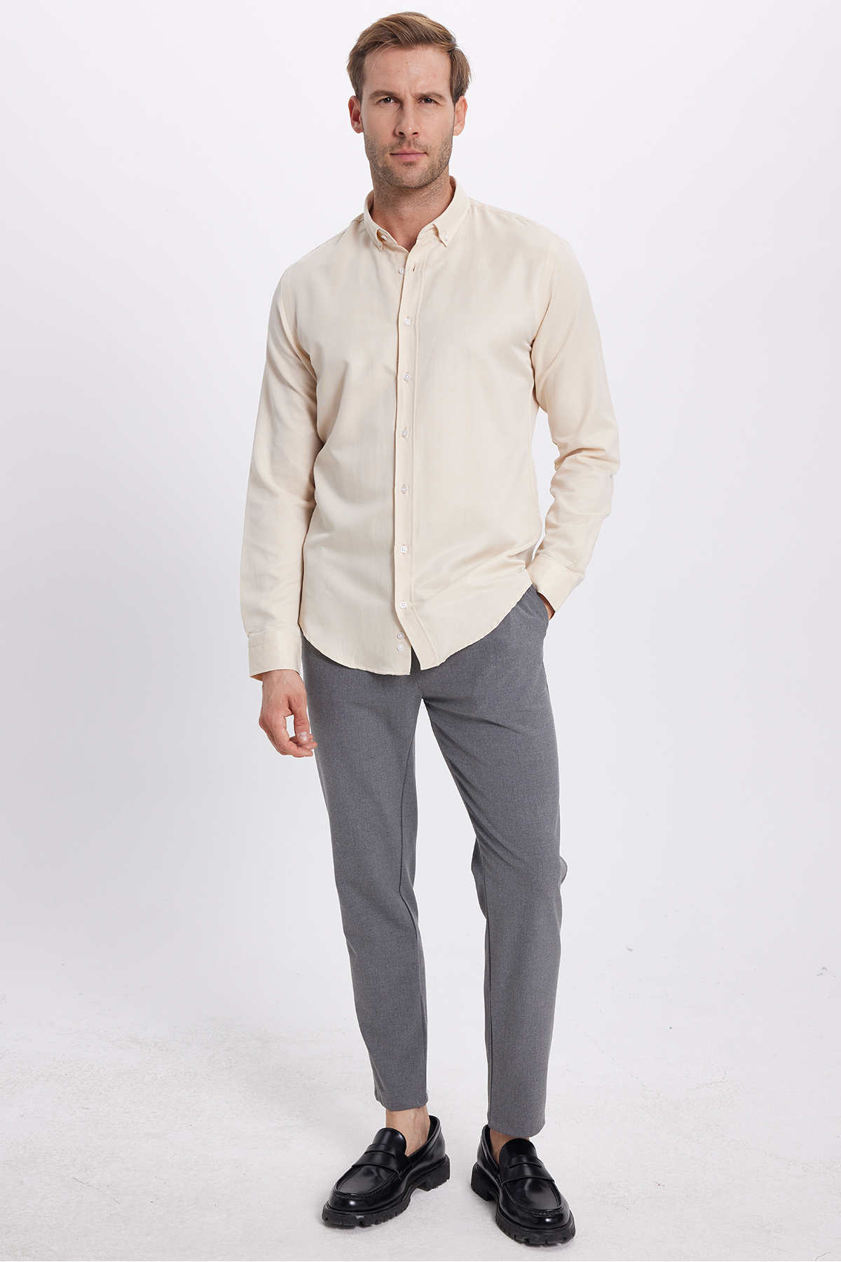 Tudors  Erkek Slim Fit Dar Kesim Pamuklu Kolay Ütü Krem Düğmeli Yaka Gömlek - Görsel 4