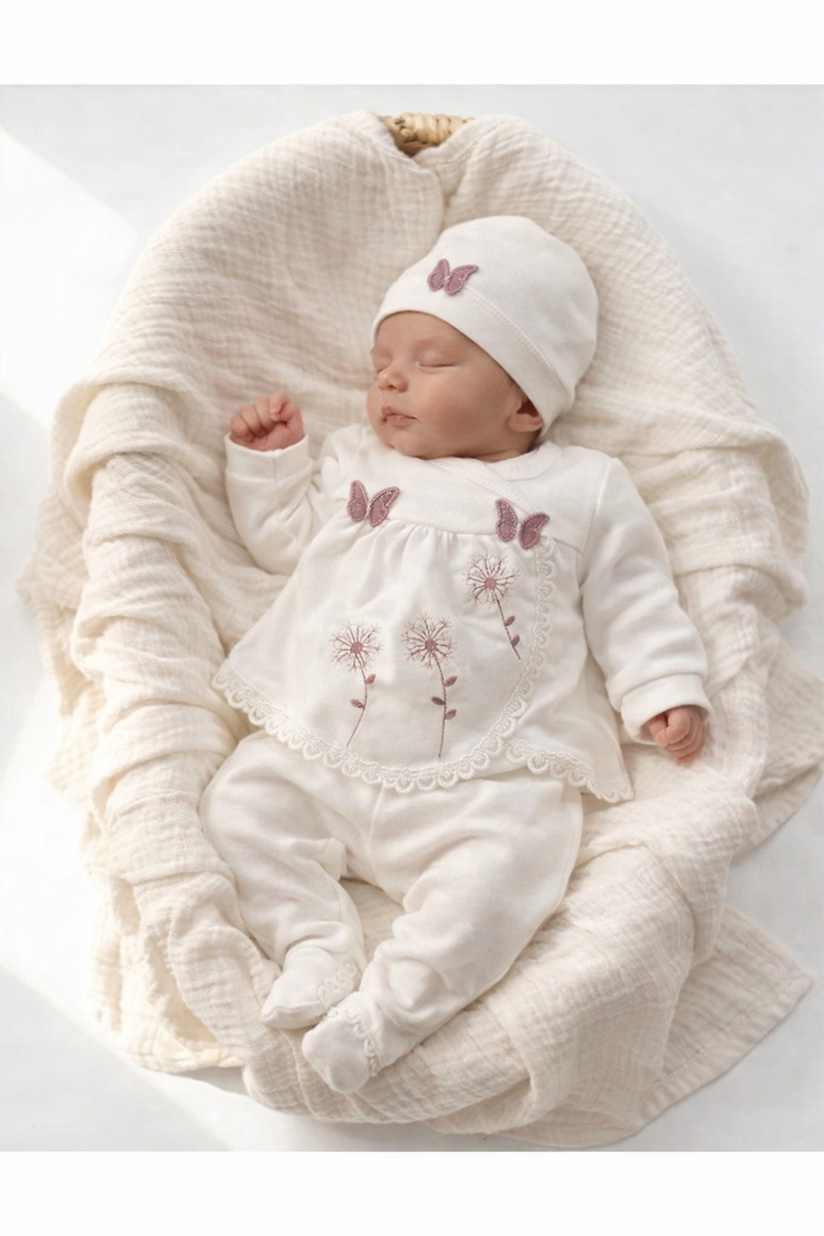 VERONA TARZ Kutulu Kız Bebek Kelebek Nakışlı Organik 5li Hastane Çıkış Seti Yenidoğan Kıyafeti 50-56cm 0-3ay fotoğrafı 3 (önizleme)