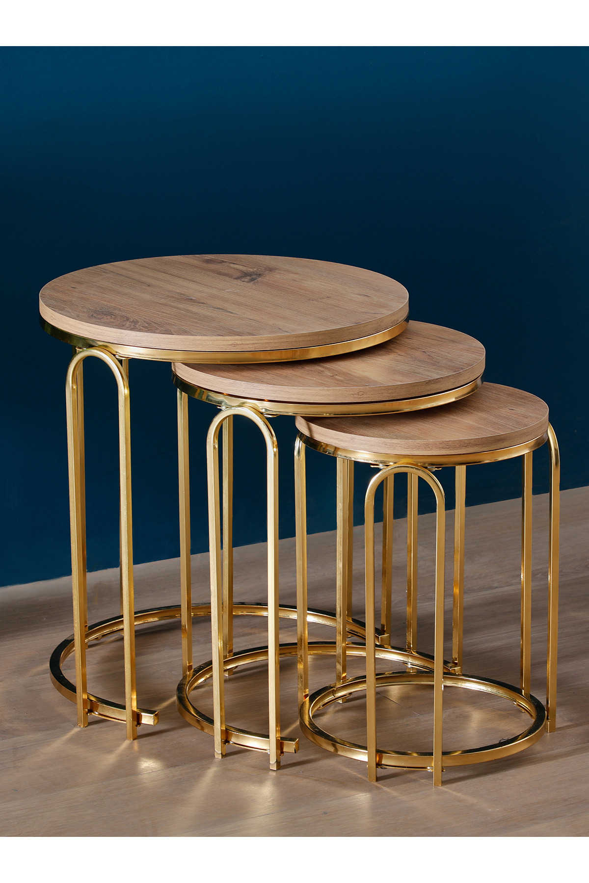 Lenka Zigon Sehpa Takımı Yuvarlak 3'lü Gold Metal - Açık Ceviz sedaş-lenka-zigon-gold