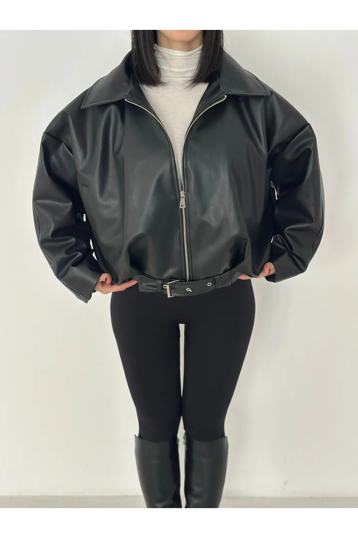 Rowsmen  KADIN Yeni Sezon P&B Oversize Bomber KADIN Deri Ceket Oversize Relax Fit, Fermuarlı Kemer Detaylı - Görsel 4