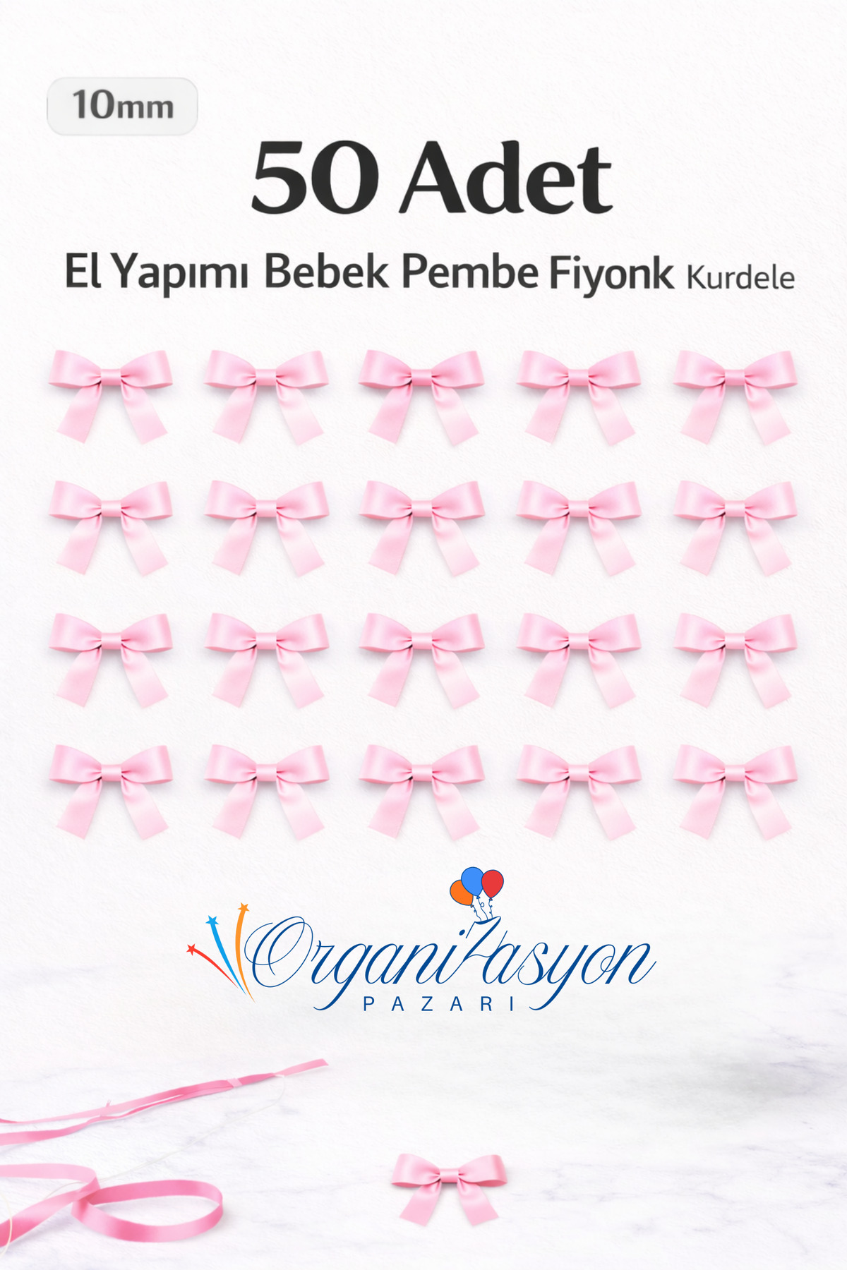Pink Premium Bow Satin Ribbon 10mm 50 Pieces Balloon Ornament Gift Ornament Cake Ornament Bundle Dowry