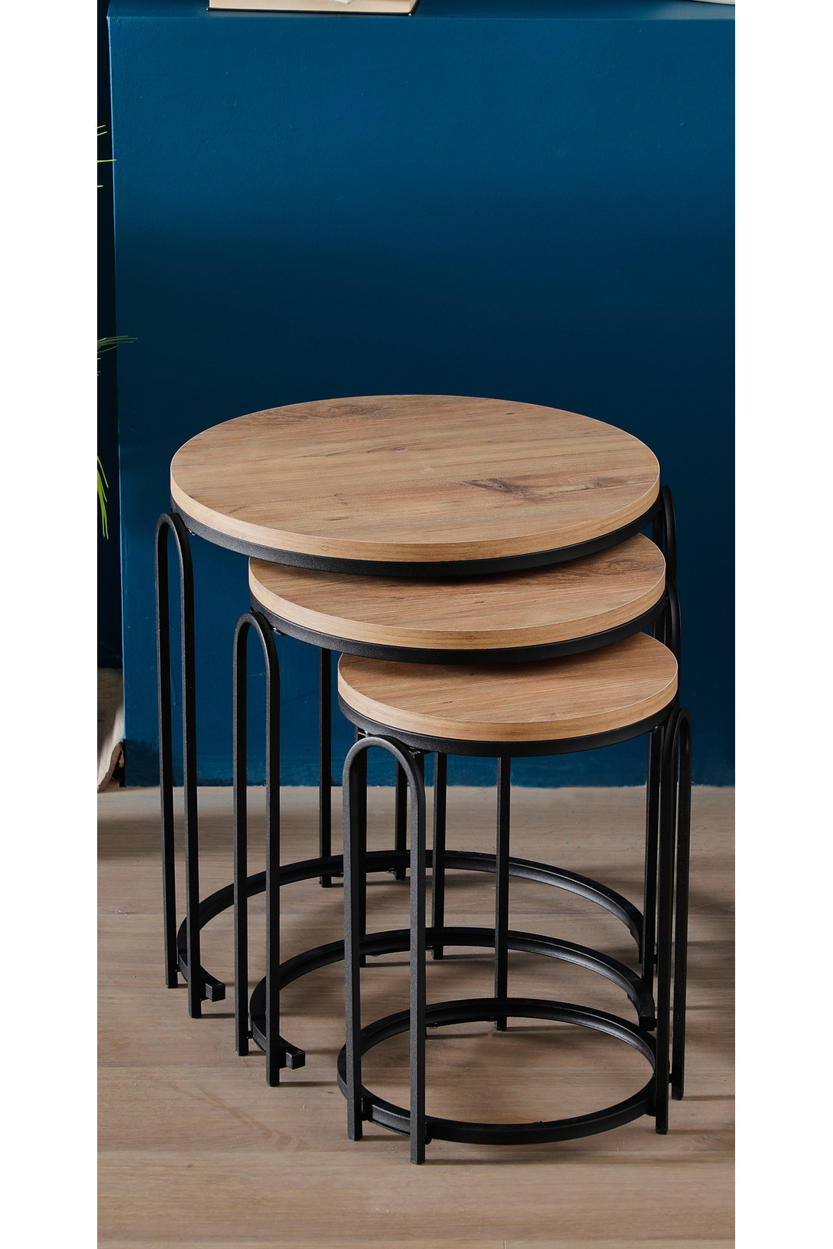 3' LÜ AÇIK CEVİZ AHŞAP SİYAH (STATİK) AYAK LENKA METAL SEHPA TAKIMI sedaş-zigon-sehpa