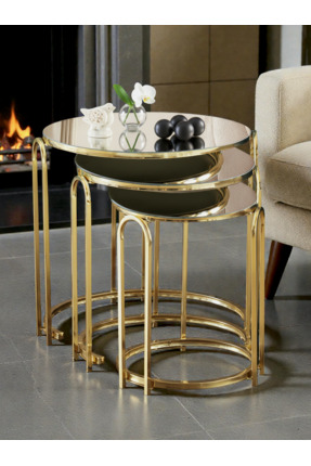 SEDAŞ LIVING UNITS Zigon Sehpa Bronz Ayna Lenka Yuvarlak 3'lü Gold Metal seda...