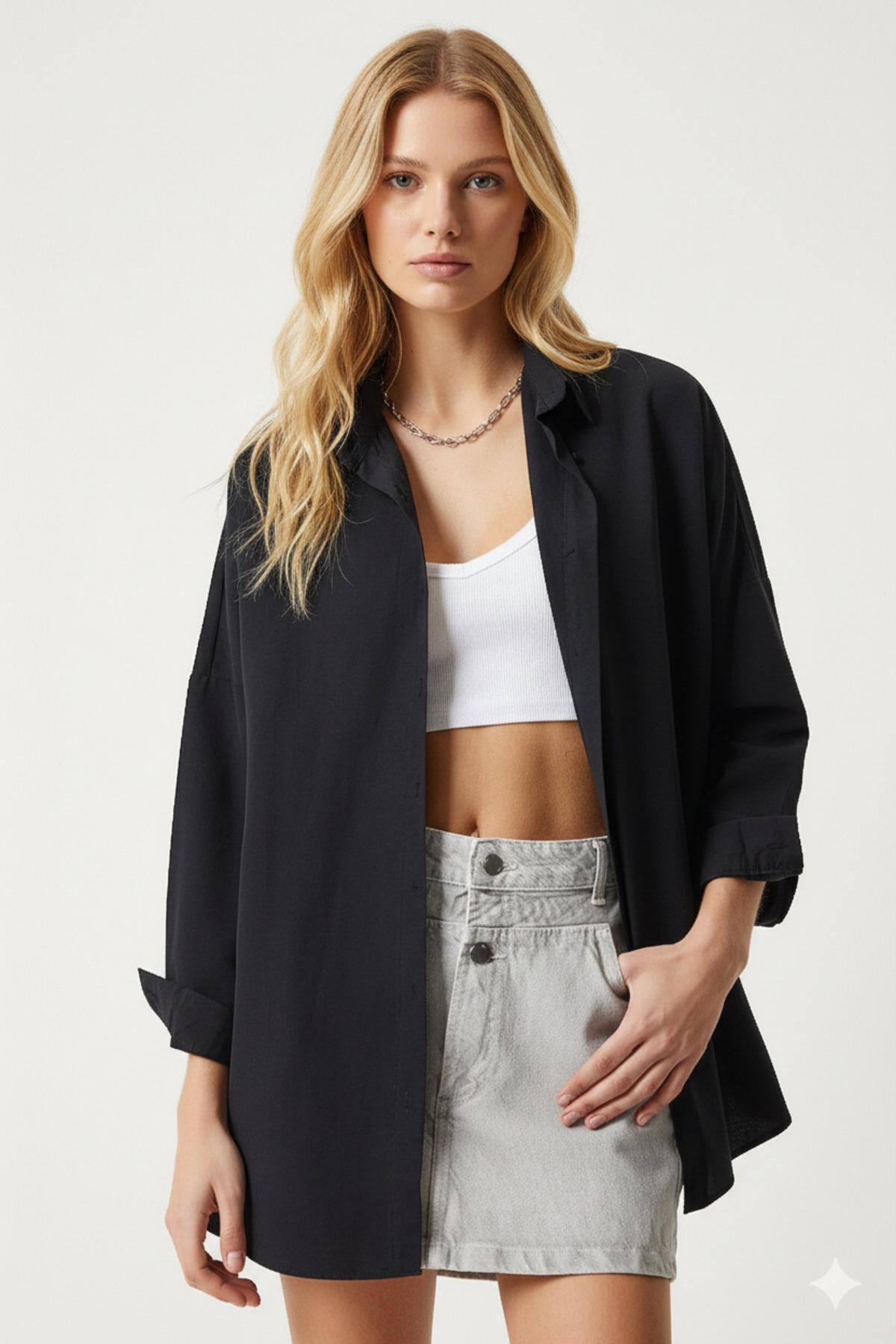 hazelin Kadın Siyah Oversize Uzun Basic Gömlek HZL22W-BD139001 görsel 4