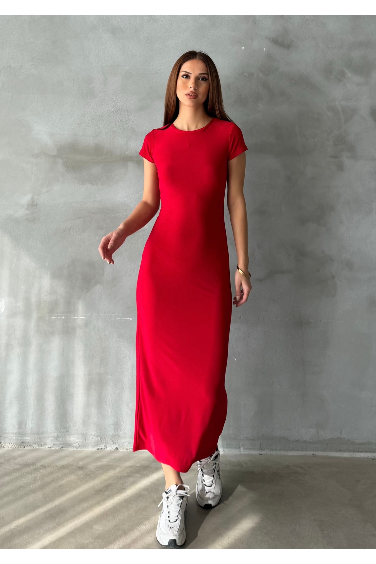 Women's Red Crew Neck Stretch Long Dress