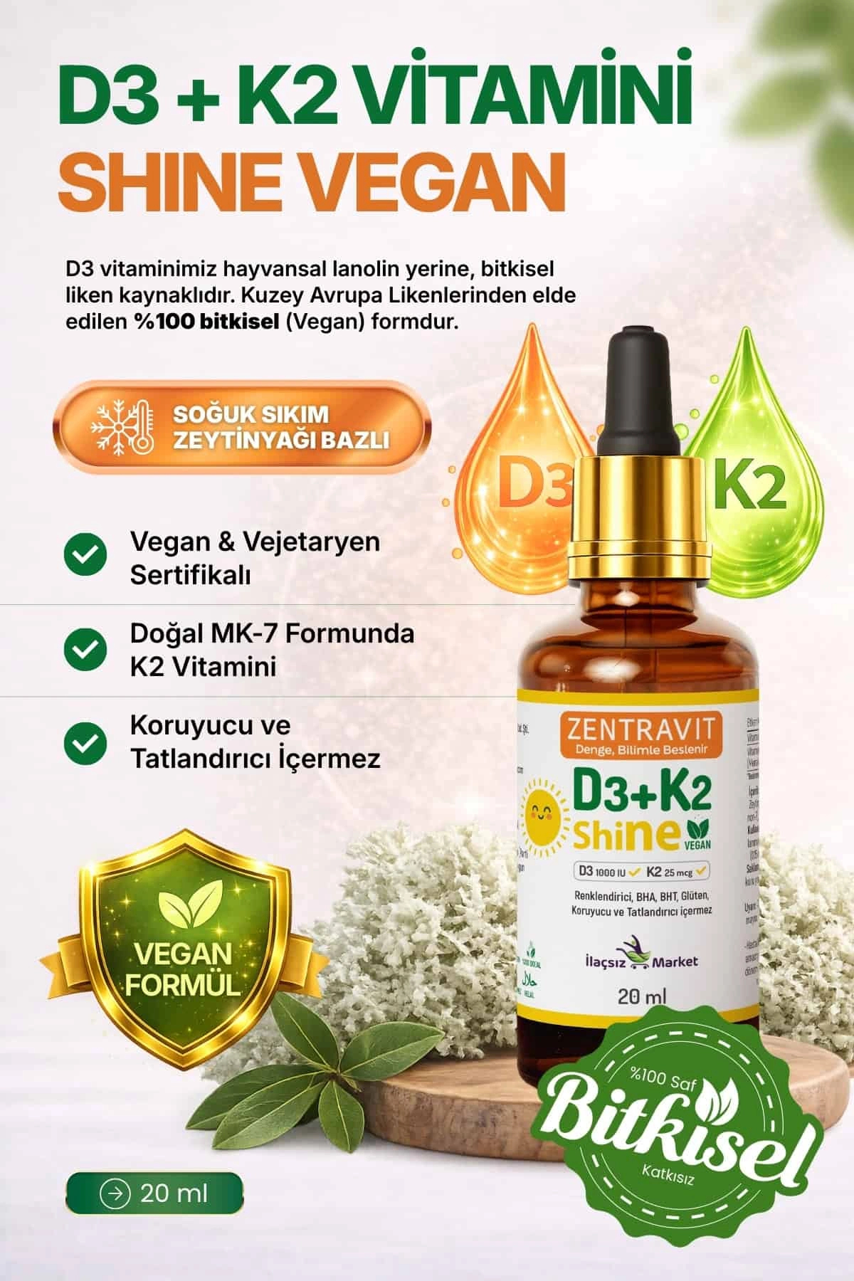İlaçsız Market D3+K2 Vegan (Liken Kaynaklı) – %100 Bitkisel / 20