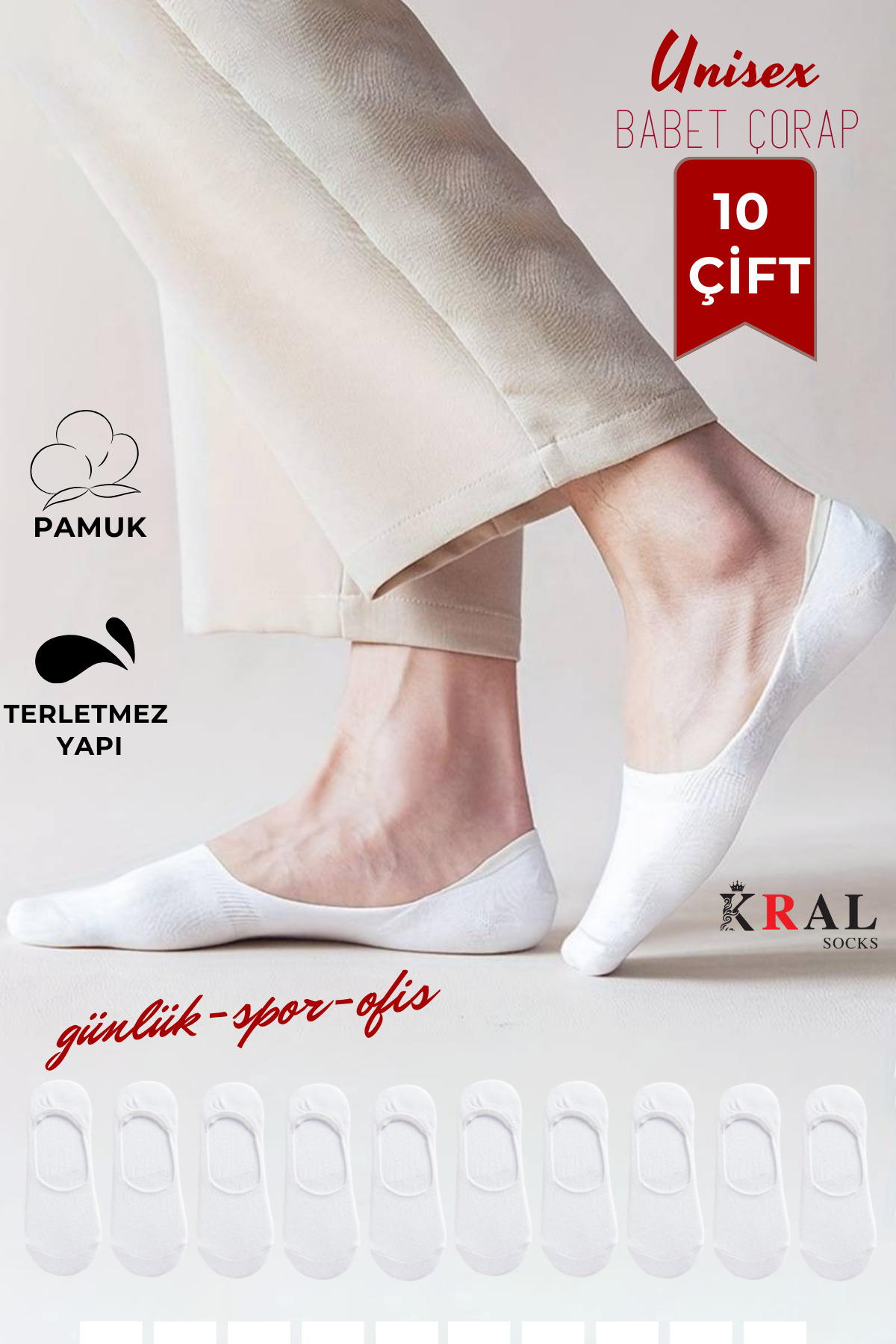 KRAL SOCKS 10 Çift Unisex Pamuklu Düz Desen Terletmez Babet Çorap