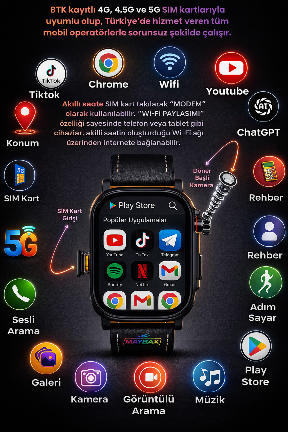 Sim Kartlı Android Akıllı Saat 64 GB ROM 4 GB RAM Wi-Fi Paylaşma Sosyal Medya