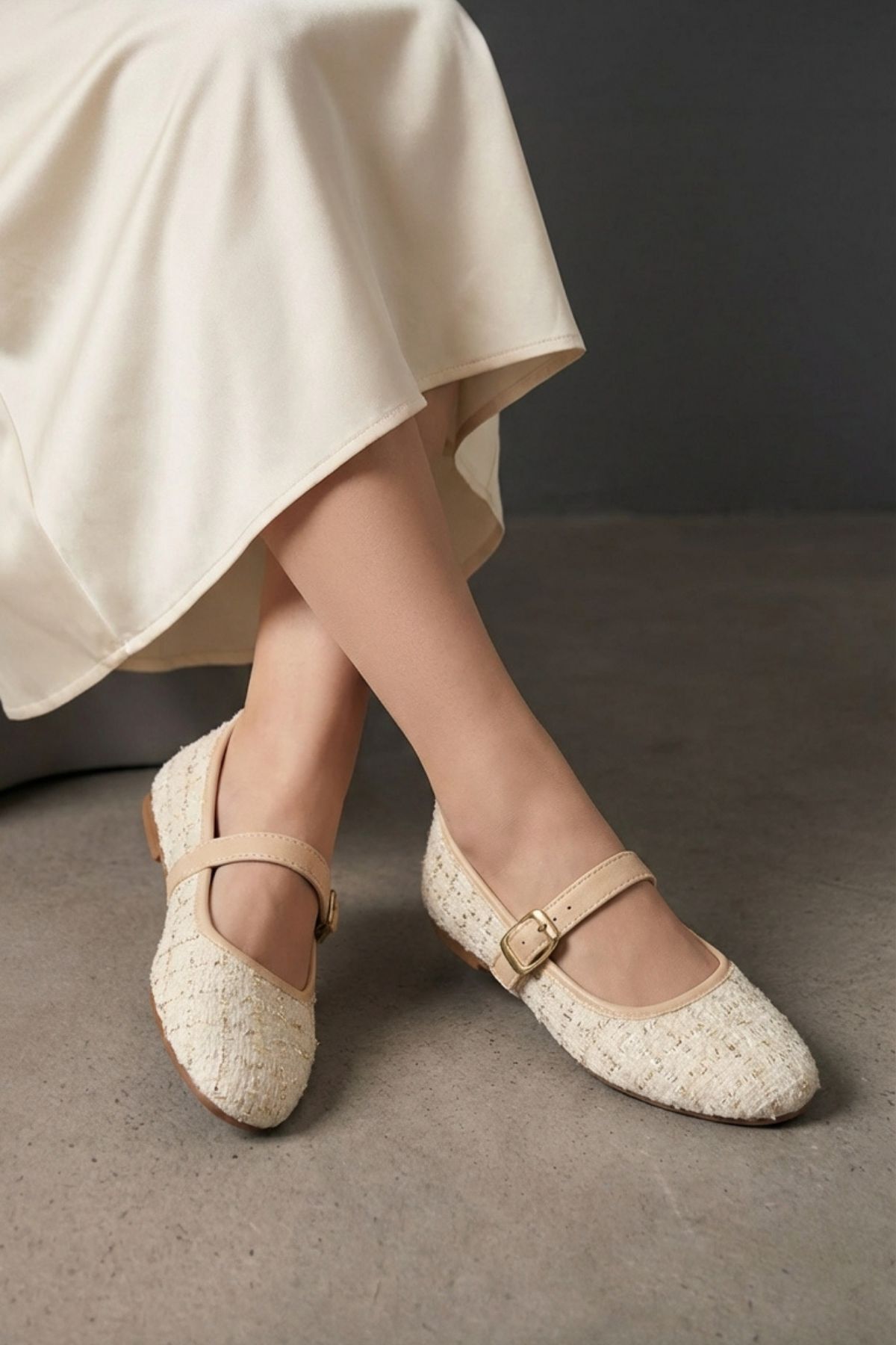 Beyond   Bej Tüvit Kumaş Mary Jane Babet Şık Tokalı Rahat Taban Günlük Ayakkabı BYNDLCK01 - Görsel 8