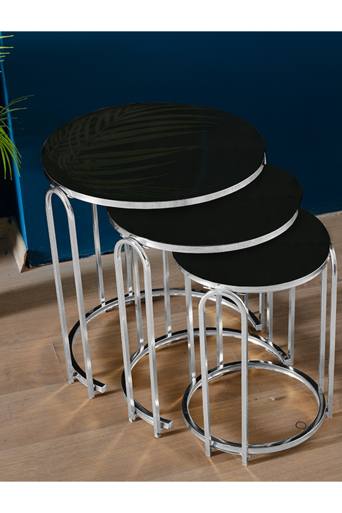 3' LÜ SİYAH AYNALI (KIRILMAZ) CAM NİKEL (GÜMÜŞ) AYAK LENKA METAL SEHPA