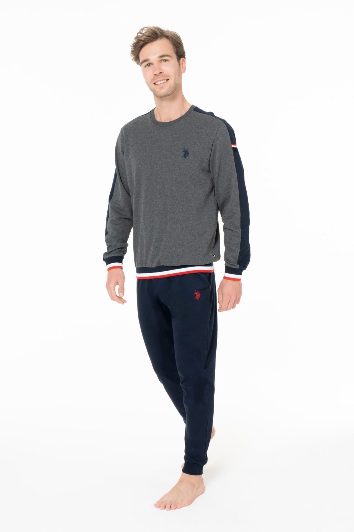 یو اس پولو ست لباس خواب مردانه یقه گرد آستین بلند ملانژ آنتراسیت 18931 - آنتراسیت - سایز M