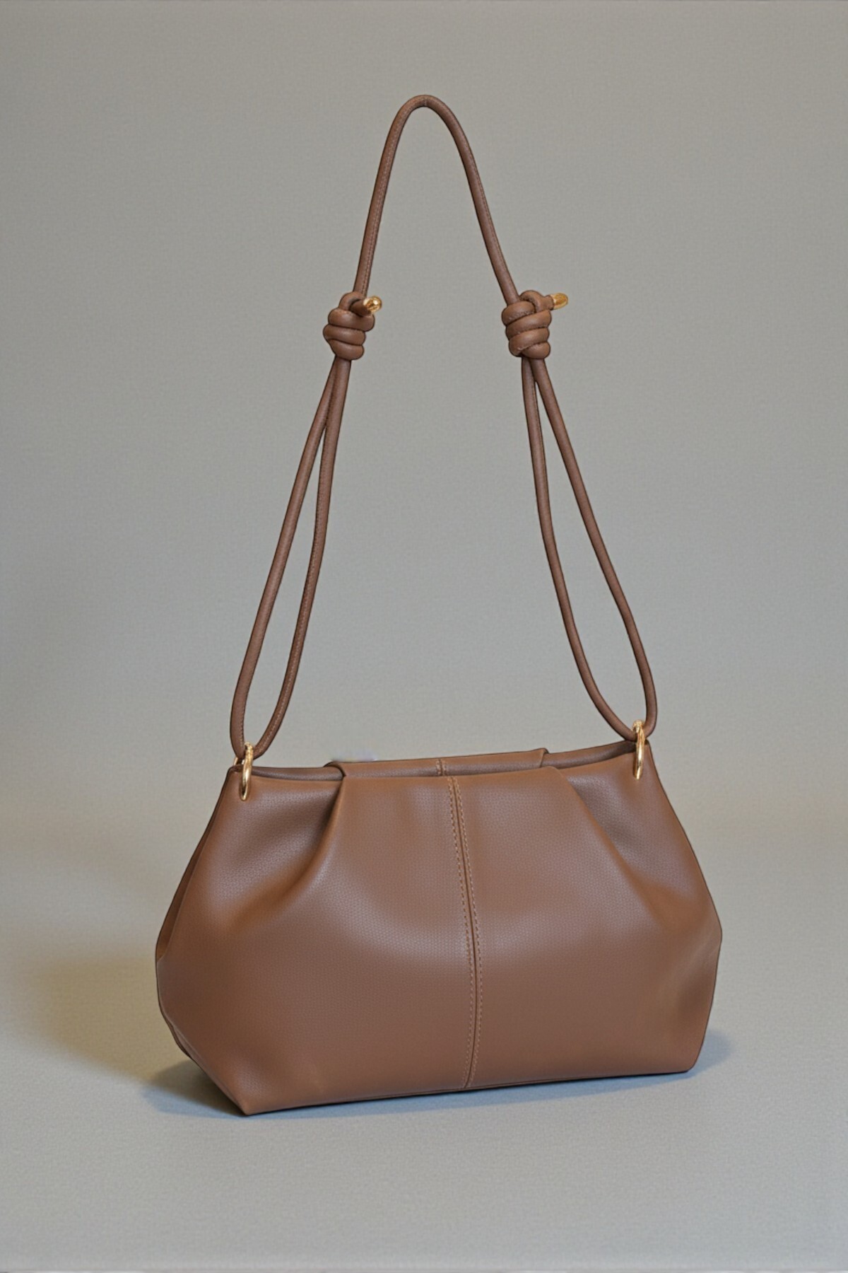 Shirred Design Knot Adjustable Strap Brown Soft Form Women's Shoulder Bag