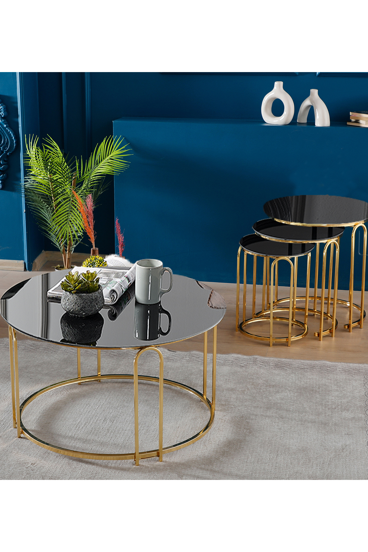 4 lü Lenka Zigon Orta Sehpa Takımı Yuvarlak Gold Metal 3+1 - Siyah Aynalı Temperli Cam zigon-orta