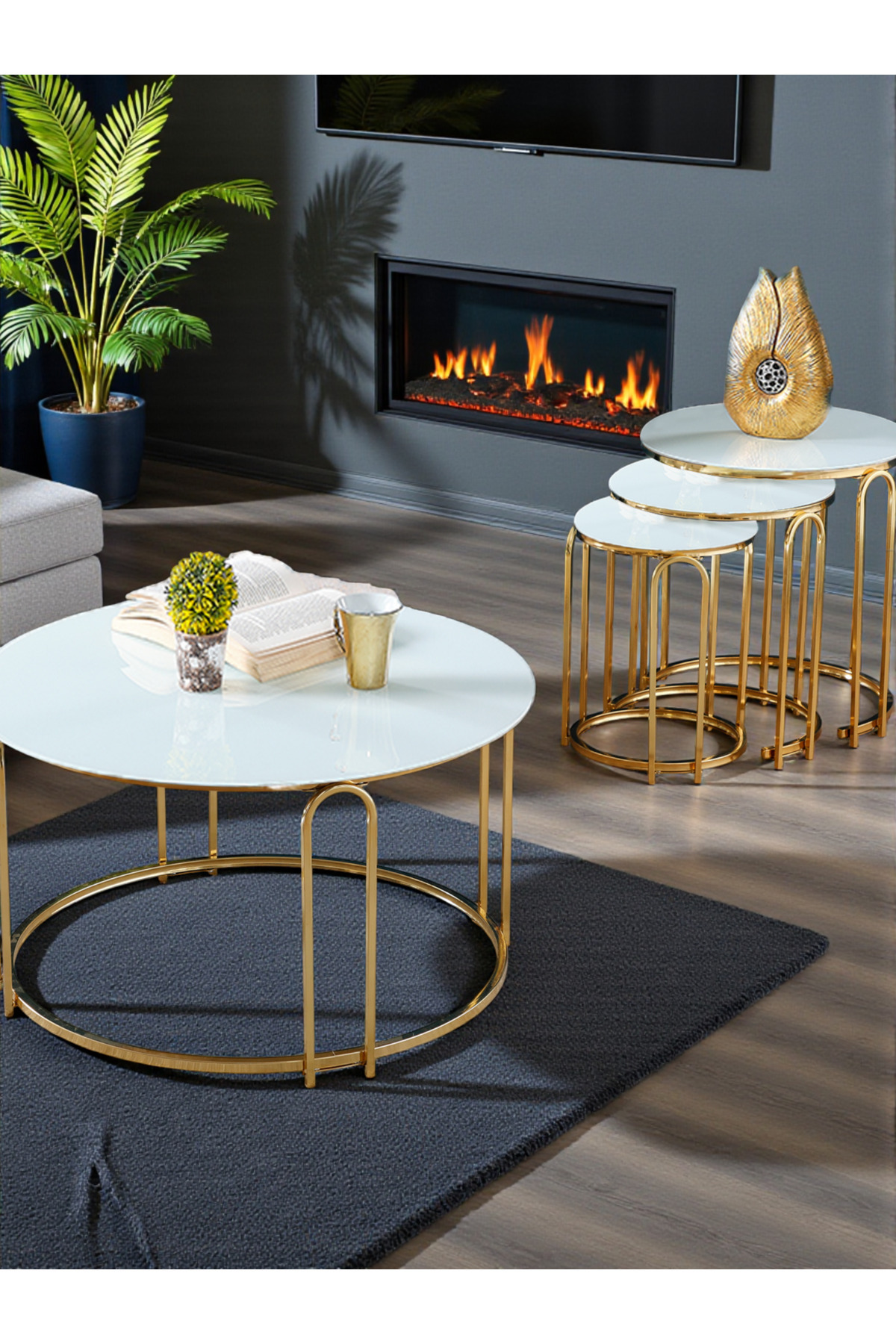 Lenka Zigon Orta Sehpa Takımı Yuvarlak Gold Metal 3+1 - Beyaz Temperli Cam lenka-zigon-orta-gold