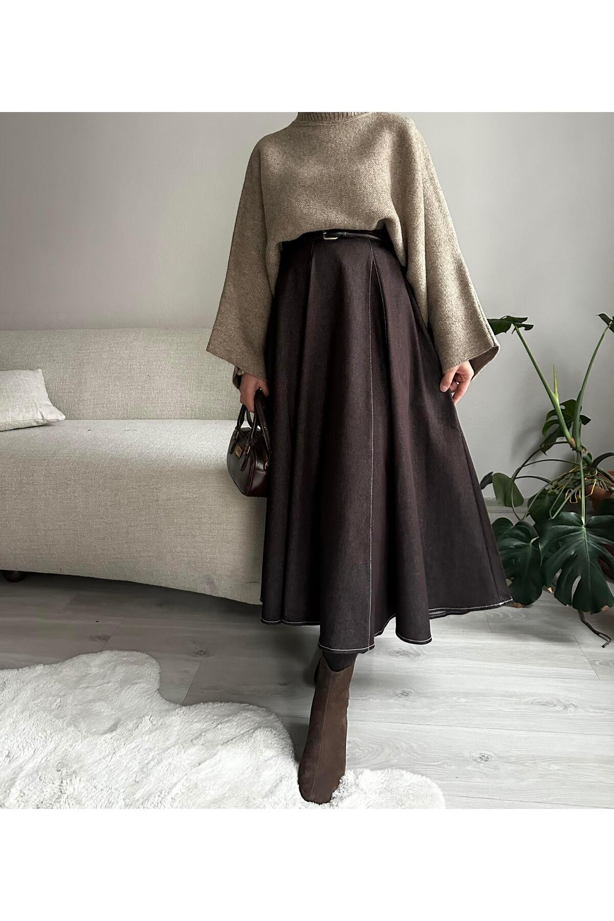 Muennesofi  Acı Kahve Parçalı Kot Etek