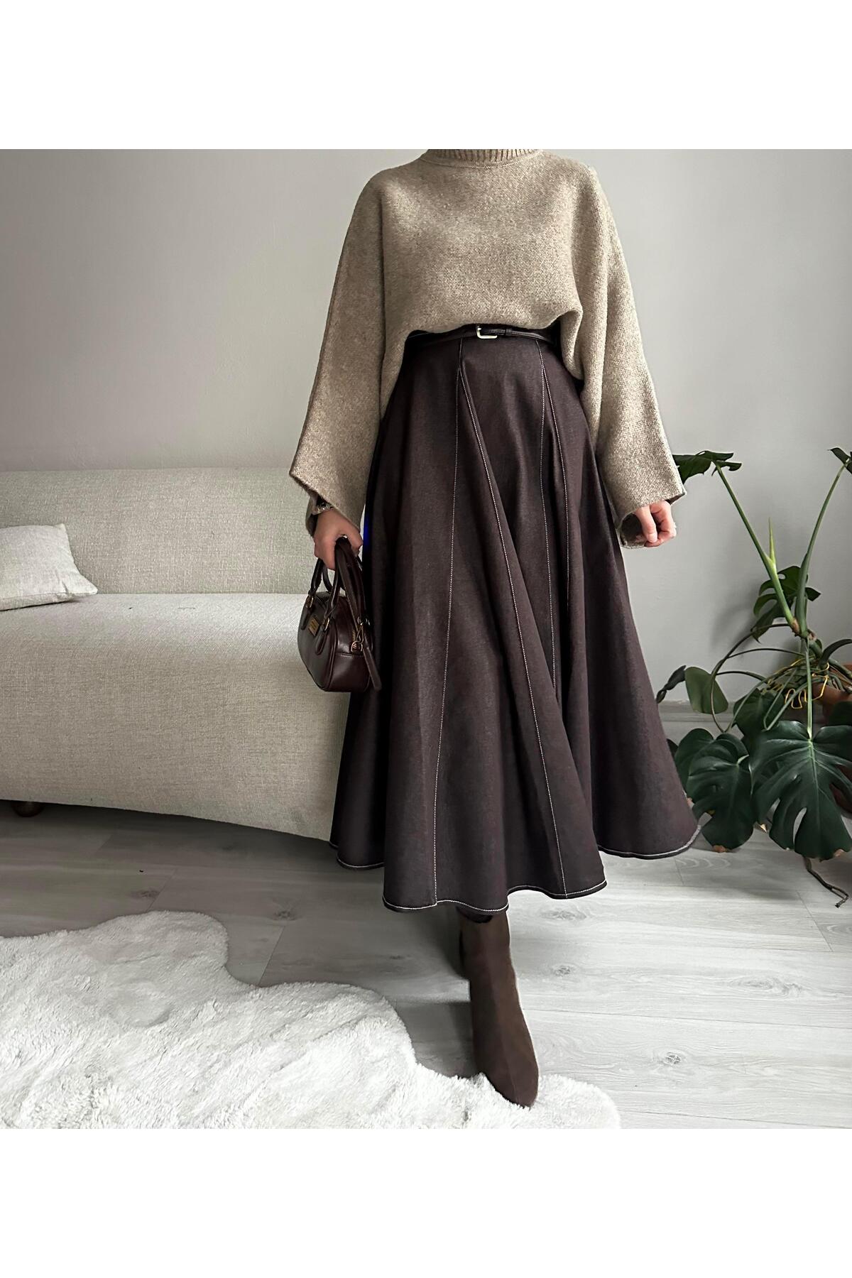 Muennesofi  Acı Kahve Parçalı Kot Etek - Görsel 4