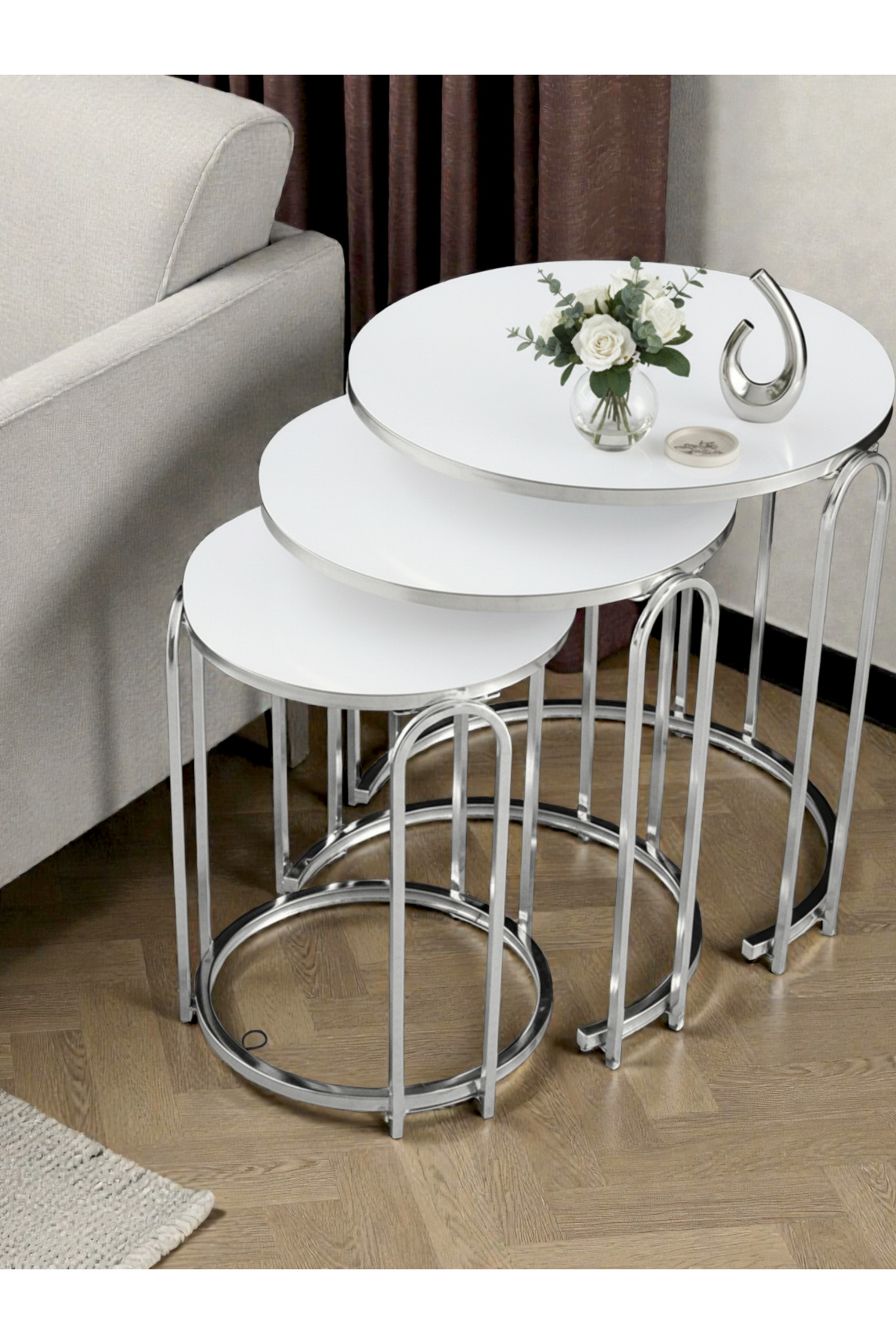 Lenka Zigon Orta Sehpa Takımı Yuvarlak Gümüş Metal 3+1 -Beyaz Temperli (kırılmaz) Cam gümüşayak