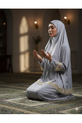 Genel Markalar İki parça etekli dantelli kadın namaz elbisesi düz renk