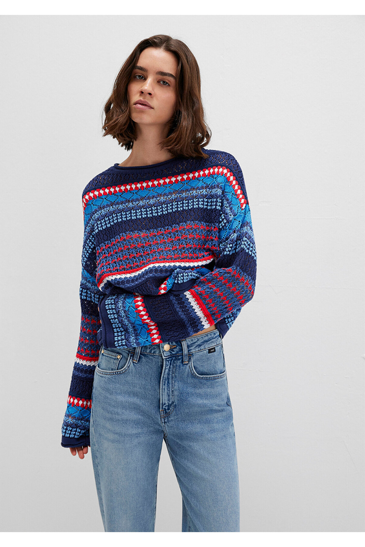 Mavi  Jakarlı Lacivert Kazak Loose Fit / Bol Rahat Kesim 1710329-70491