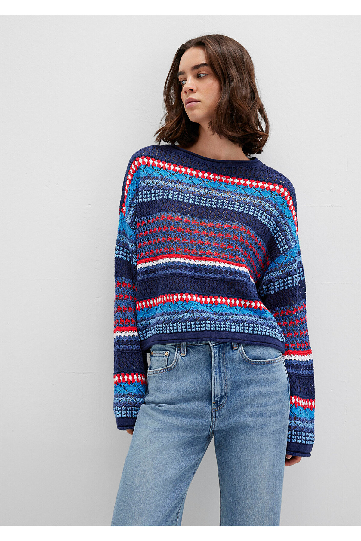 Mavi  Jakarlı Lacivert Kazak Loose Fit / Bol Rahat Kesim 1710329-70491 - Görsel 3