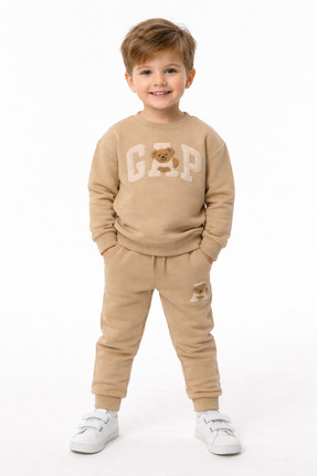 CQCQ Unisex Çocuk Bej Köpek Figürlü Eşofman Takımı