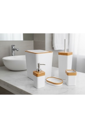 sitil eviniz Beyaz Ahşap 5 li Banyo seti Tuvalet Fırçalığı Çöp Kovası,sıvı -k...