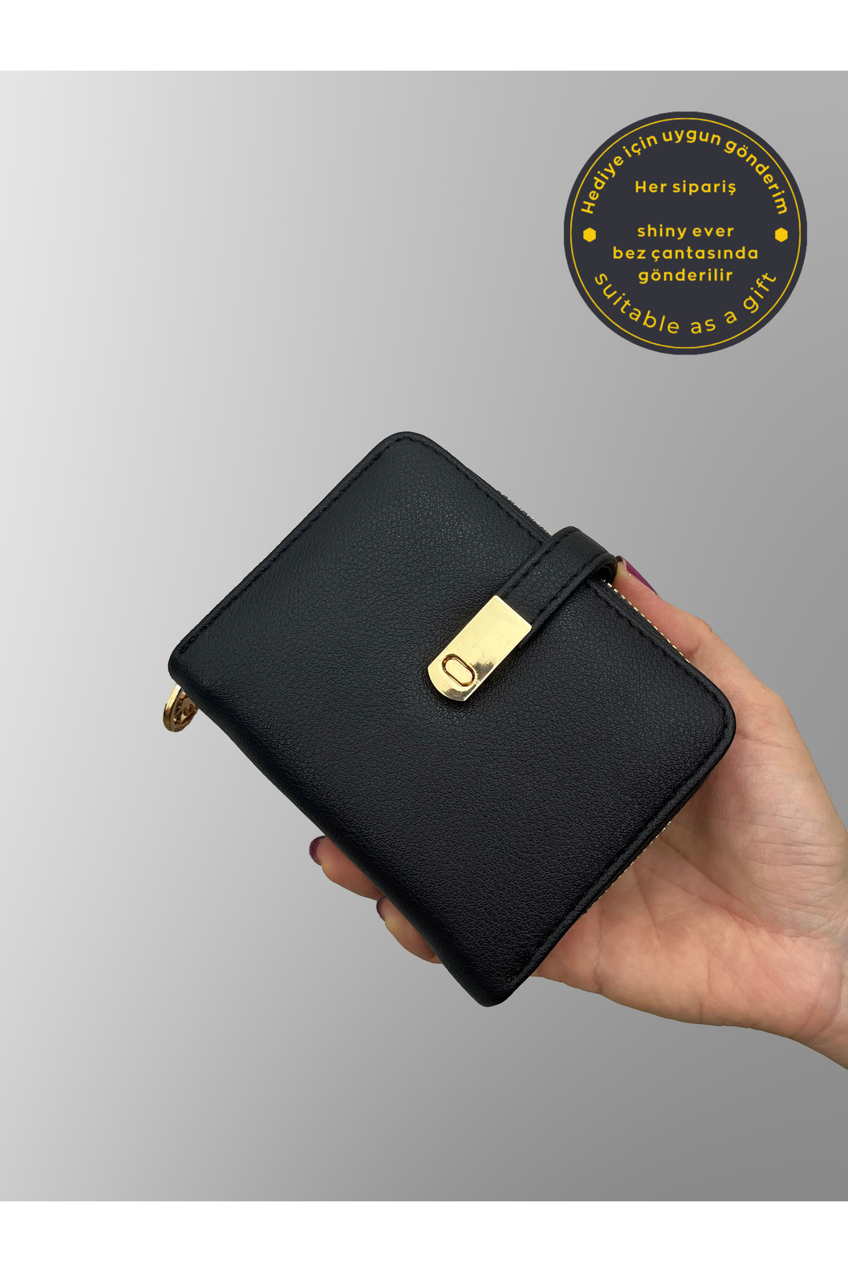 shiny ever  Yumuşak Deri Siyah Kadın Cüzdan Gold Detaylı