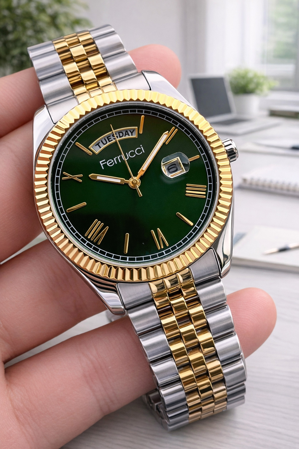 Ferrucci Rolex Model Çelik Kordon Takvimli Kadran 30 Mt Suya Dayanıklı Erkek Kol Saati FEC.13029M04 görsel 2