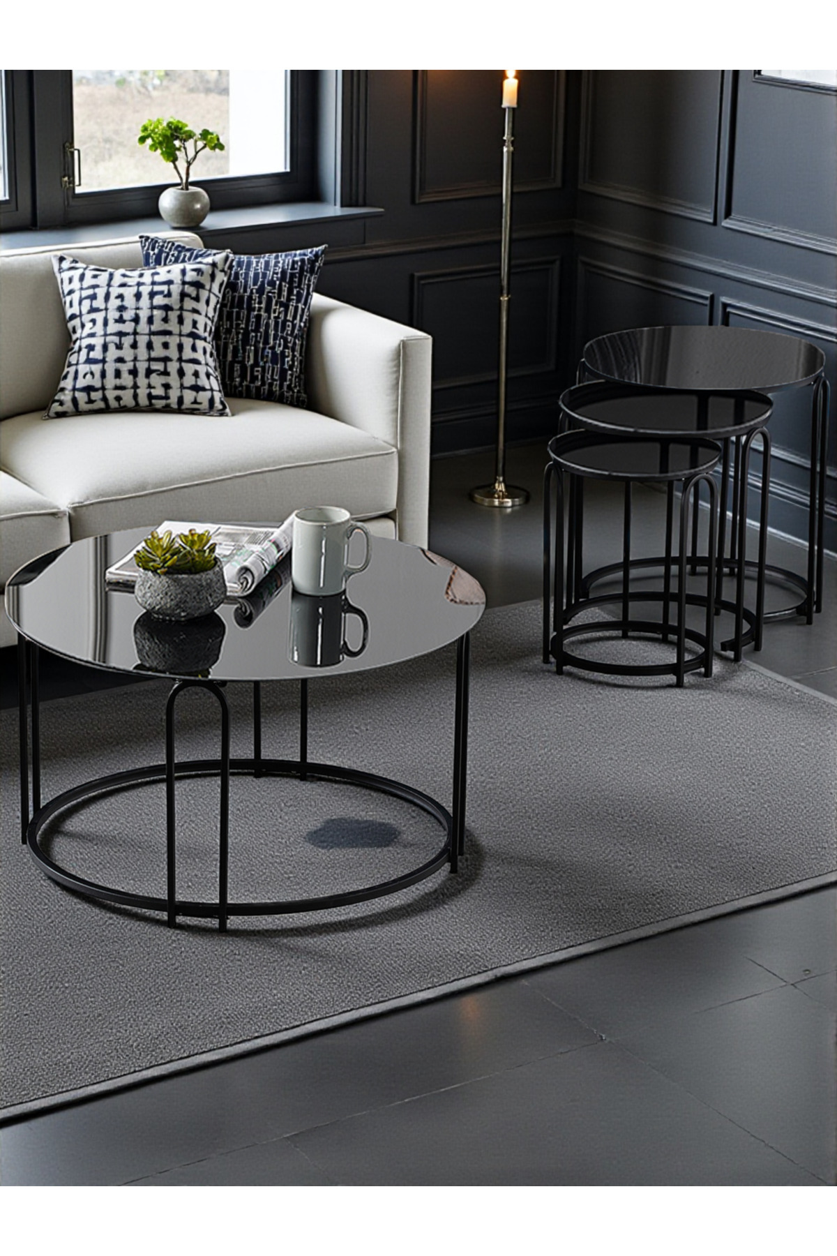 Lenka Siyah Aynalı Temperli Cam Zigon Orta Sehpa Takımı Yuvarlak Siyah Metal 3+1 lenka-zigonorta