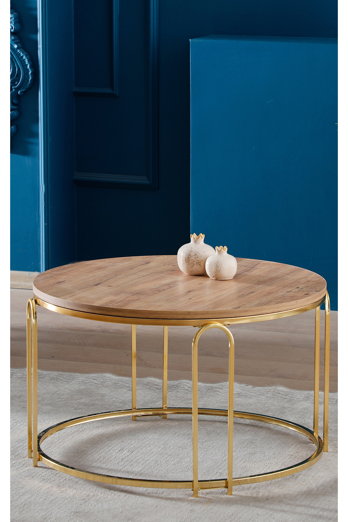 Lenka Orta Sehpa Yuvarlak Ahşap Gümüş Metal Açık Ceviz Ahşap - sedaş-lenka-orta-gold