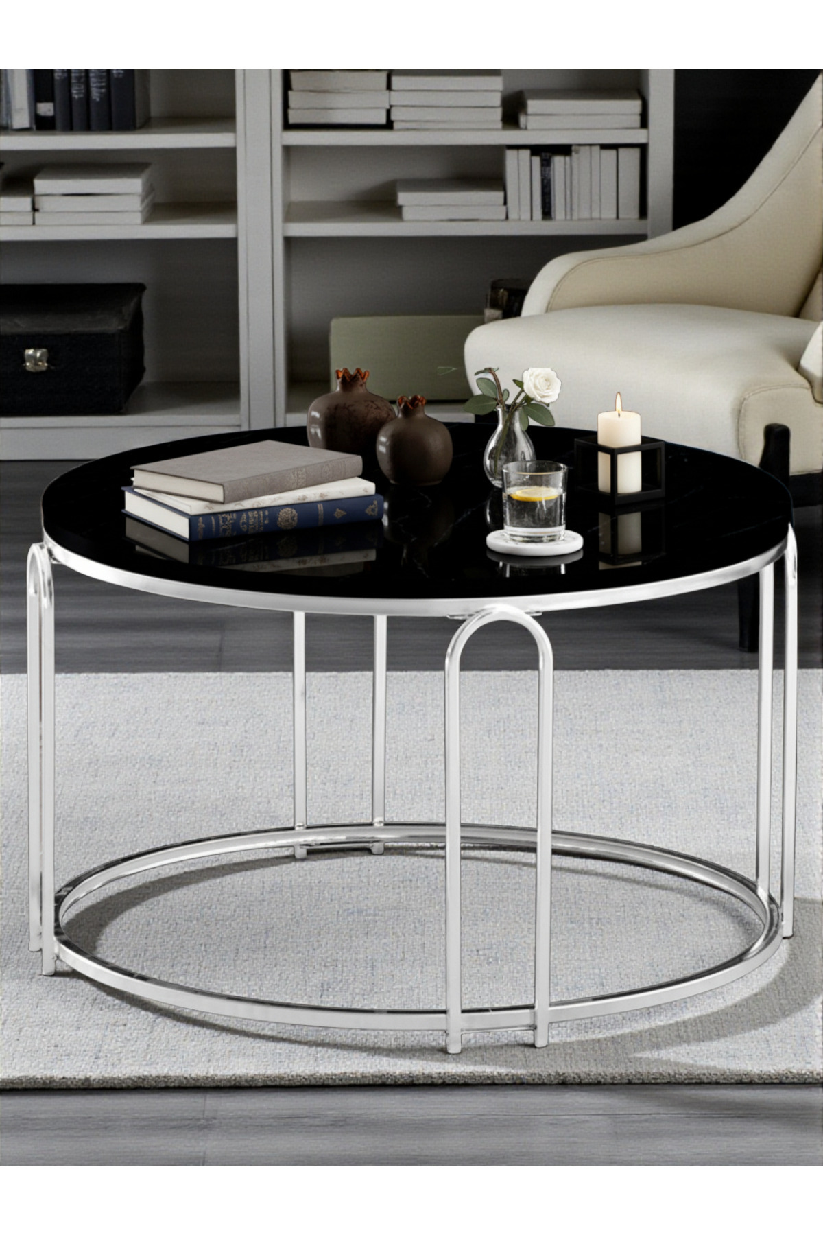 Lenka Orta Sehpa Yuvarlak Siyah Aynalı Temperli (Kırılmaz) Cam Gümüş Metal - sedaş-lenka-orta-gümüş