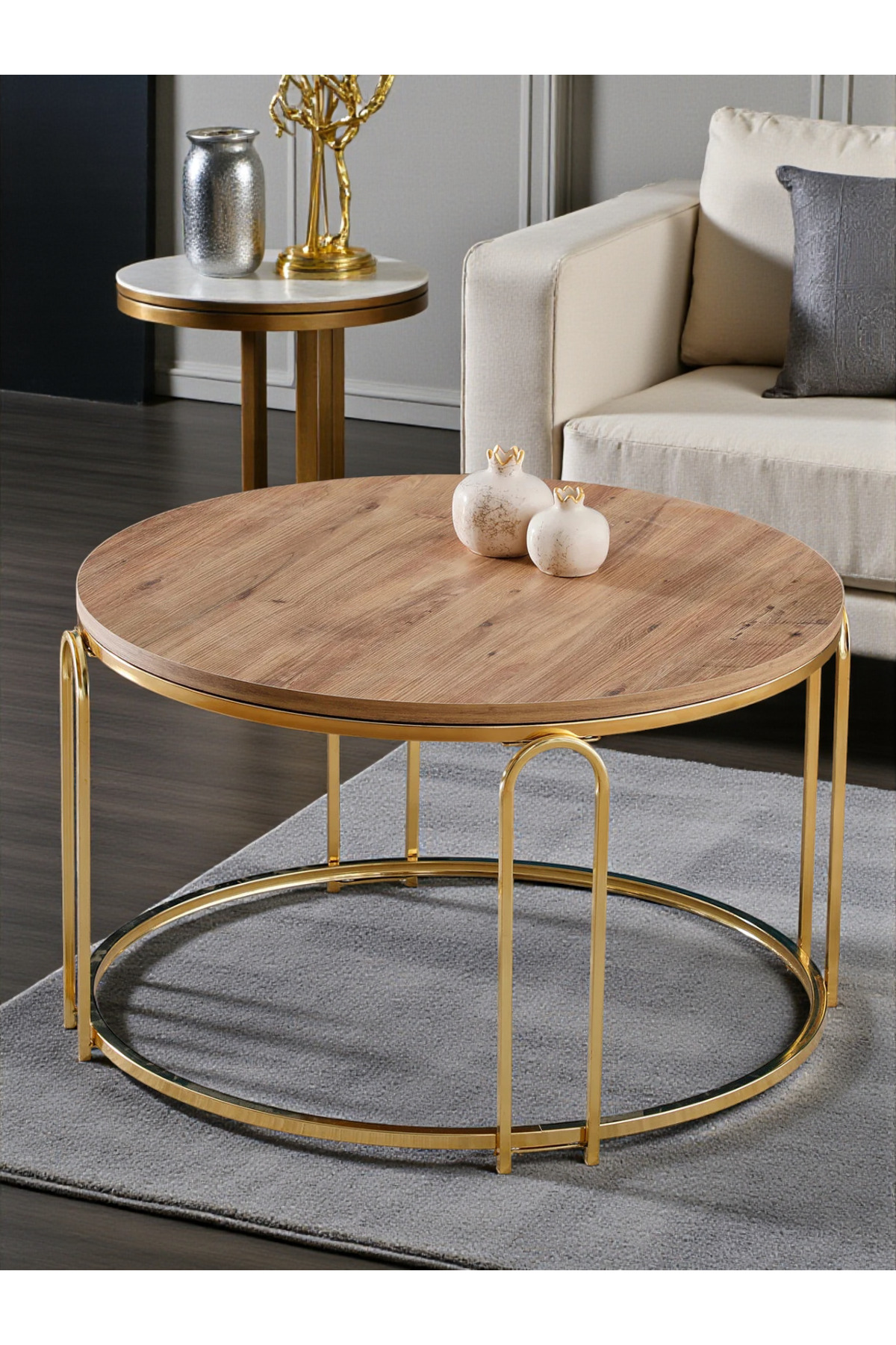 Lenka Orta Sehpa Yuvarlak Ahşap Gümüş Metal Açık Ceviz Ahşap - sedaş-lenka-orta-gold