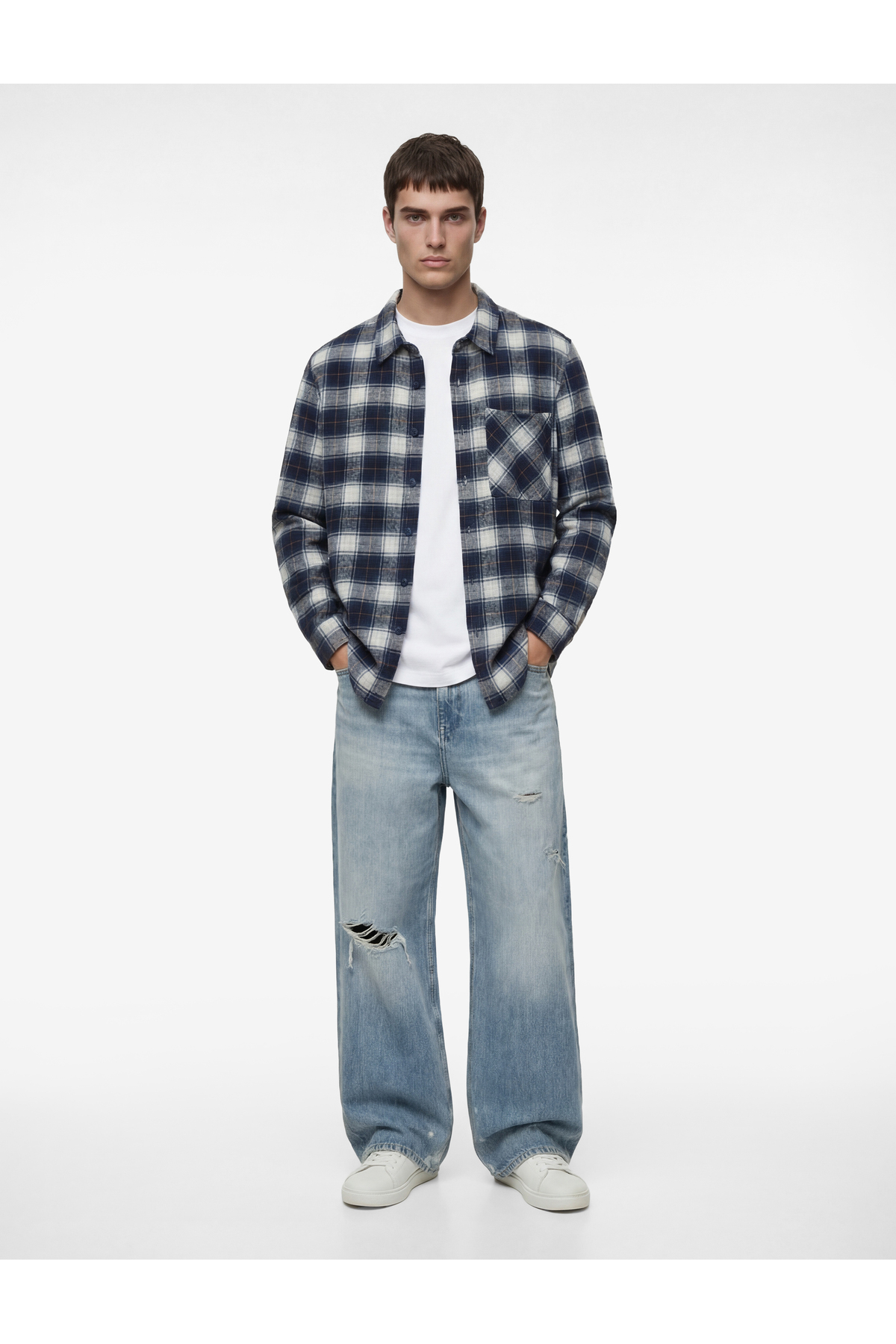 کوتون پیراهن آستین بلند جیب‌دار یقه کلاسیک طرح چوب