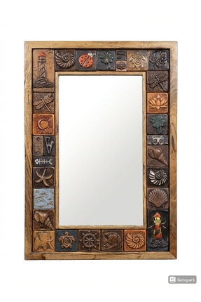 toprakanaart SPİRİTÜEL TEMALI AHŞAP DEKORATİF ÇERÇEVELİ, SERAMİK KOLAJ AYNA