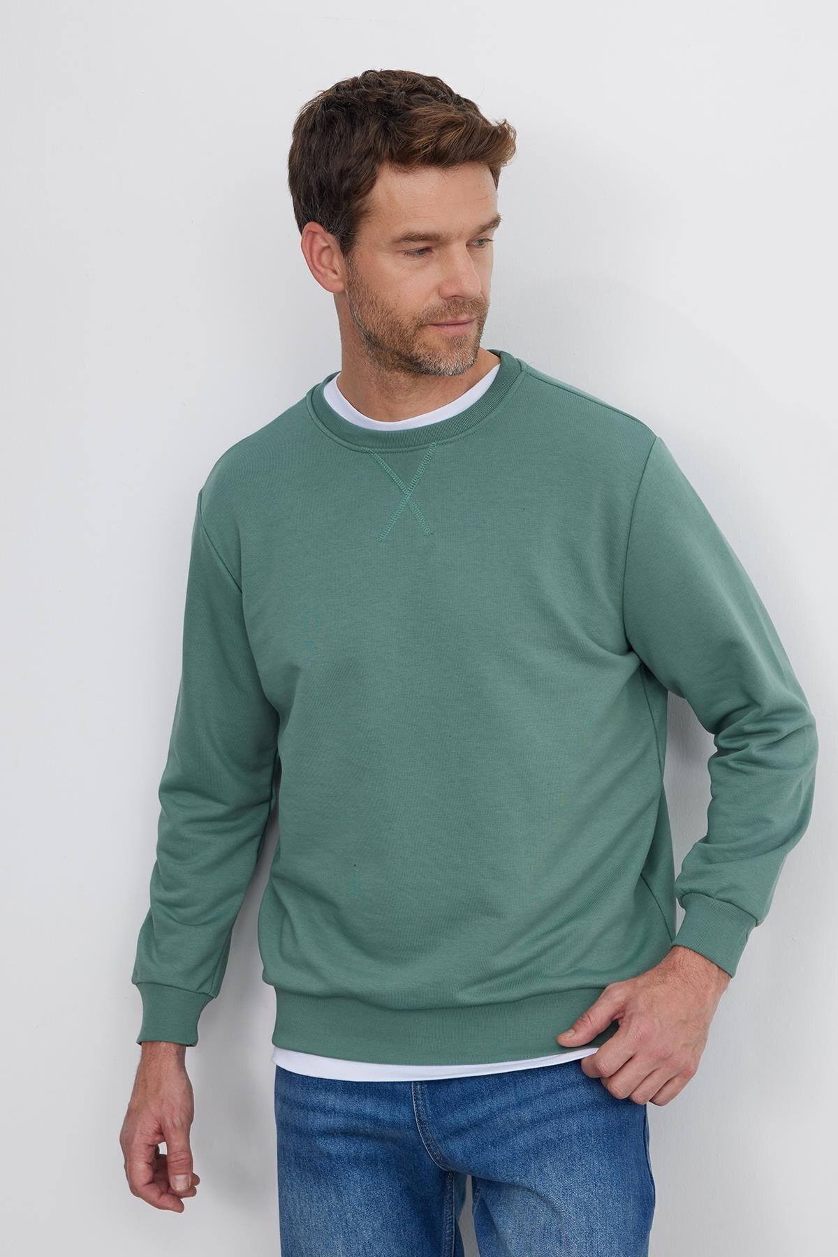 Unisex Relax Fit Rahat Kesim %100 Pamuk 3 İplik Basic Yeşil Bisiklet Yaka Sweatshirt — سبز SW230001-01 — تصویر 2 از 8
