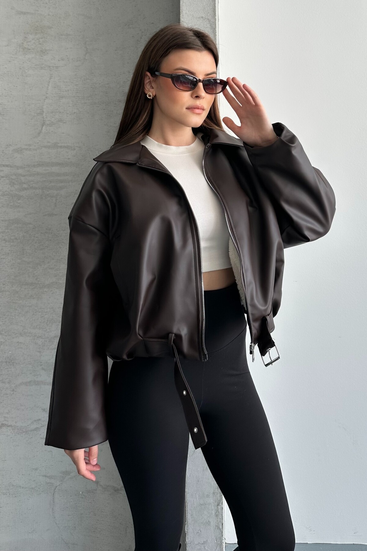 moda armanc  Kadın İçi Kürklü Suni Deri Ceket - Oversize İçi Peluş Astarlı Premium Biker Mont - Görsel 5