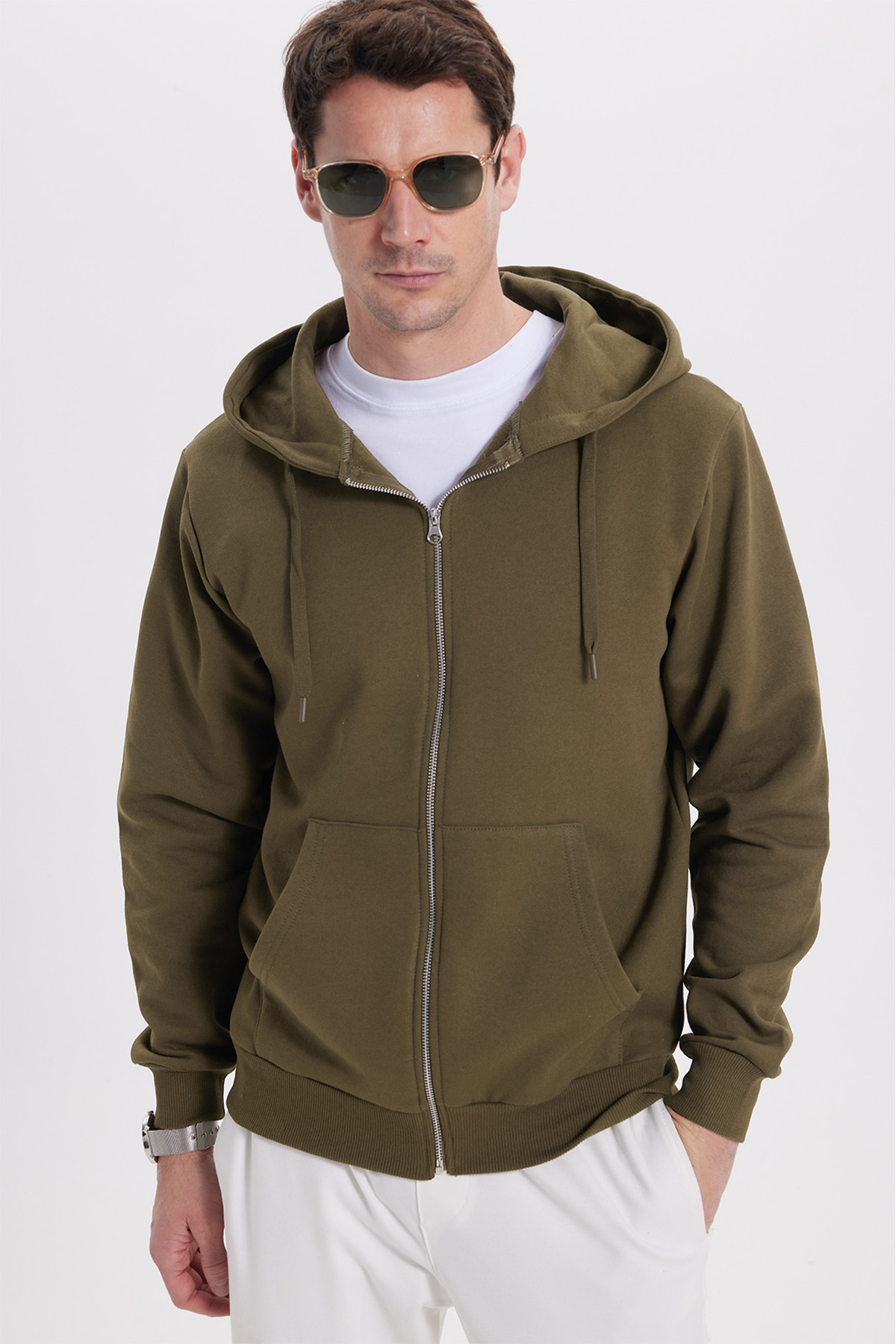 Tudors  Unisex Relax Fit Rahat Kesim Pamuklu İçi Polarlı Çift Cepli Tam Fermuarlı Haki Kapüşonlu Sweat