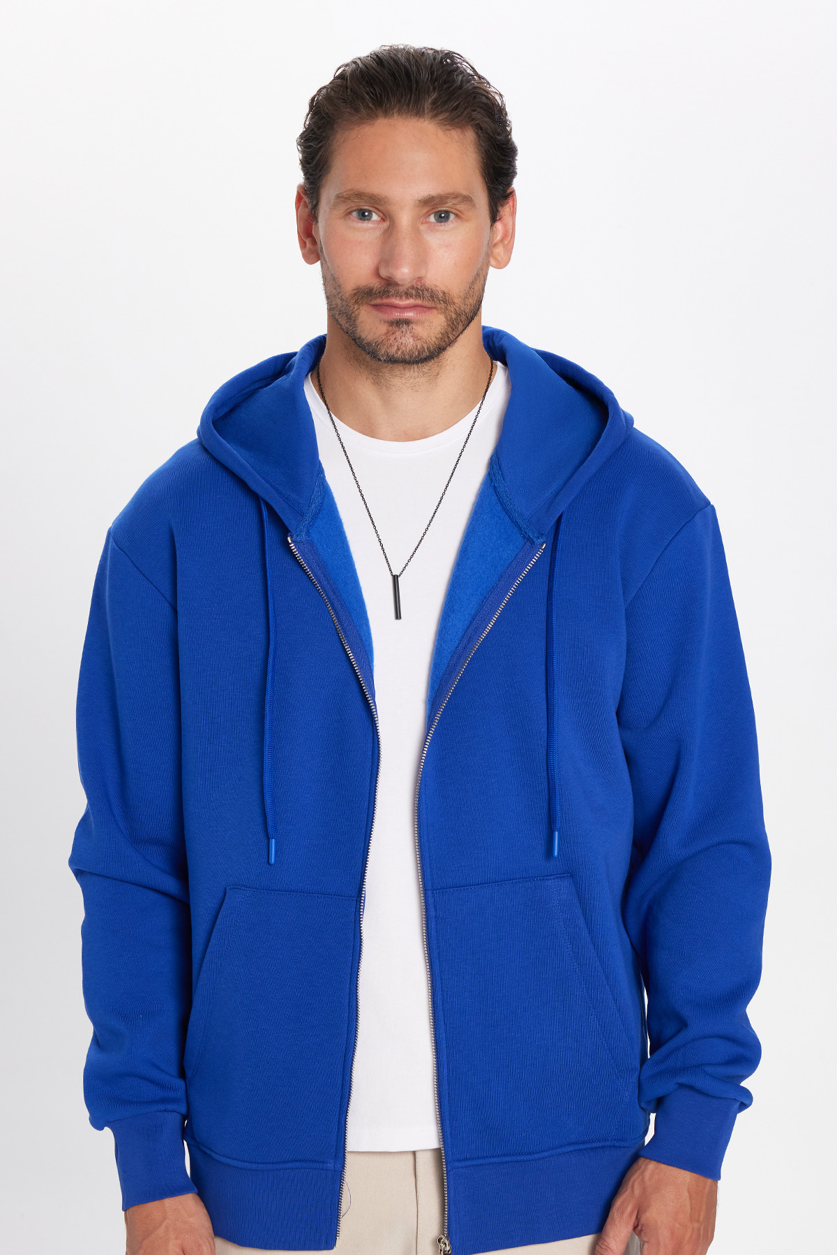 Unisex Relax Fit Rahat Kesim Pamuklu İçi Polarlı Çift Cepli Fermuarlı Sax Mavi Kapüşonlu Sweatshirt — سرمه‌ای SW240013 — تصویر 3 از 6
