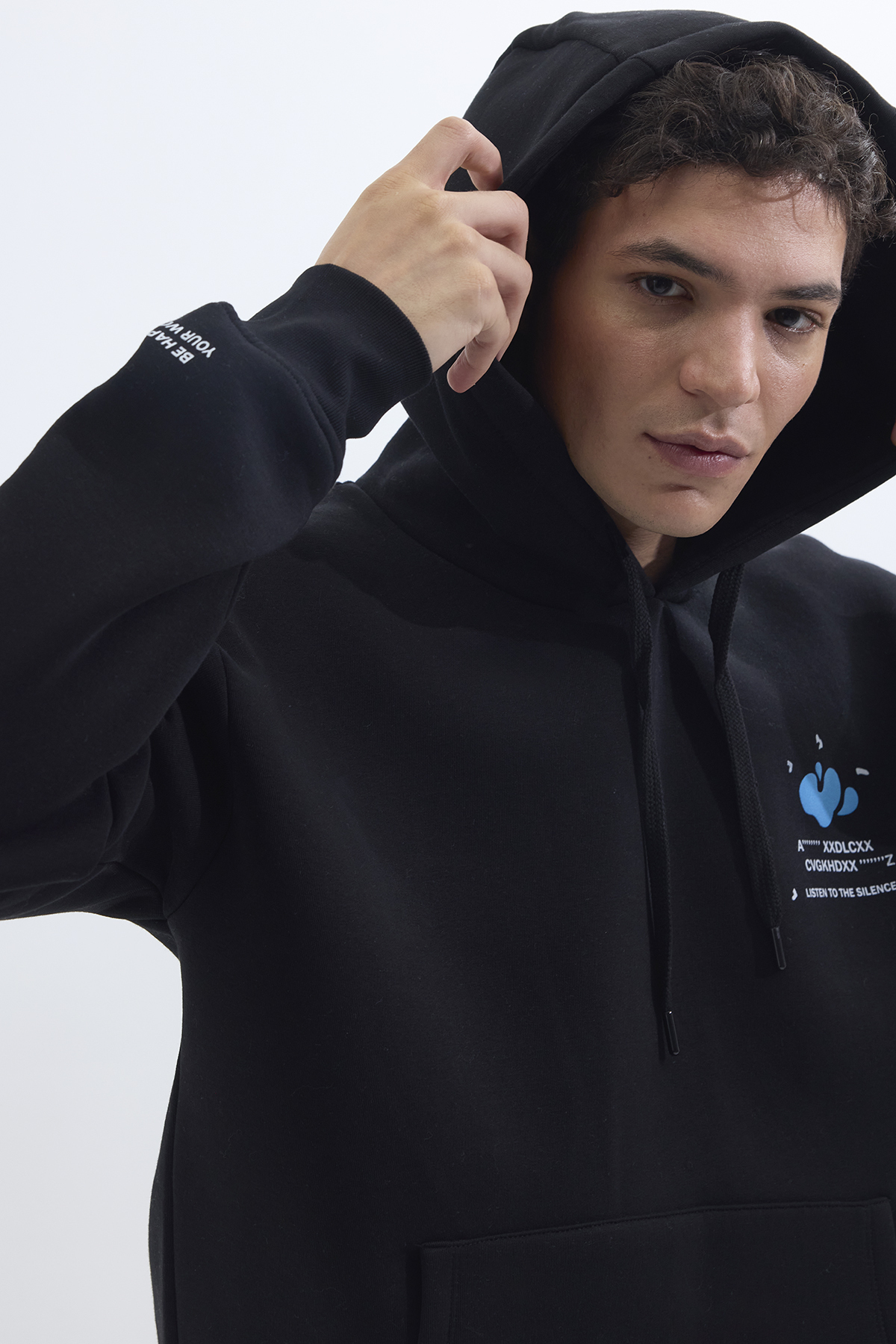 Tudors  Unisex Oversize Geniş Kesim Pamuklu Yumuşak Dokulu İçi Polarlı Baskılı Siyah Kapüşonlu Sweatshirt - Görsel 6