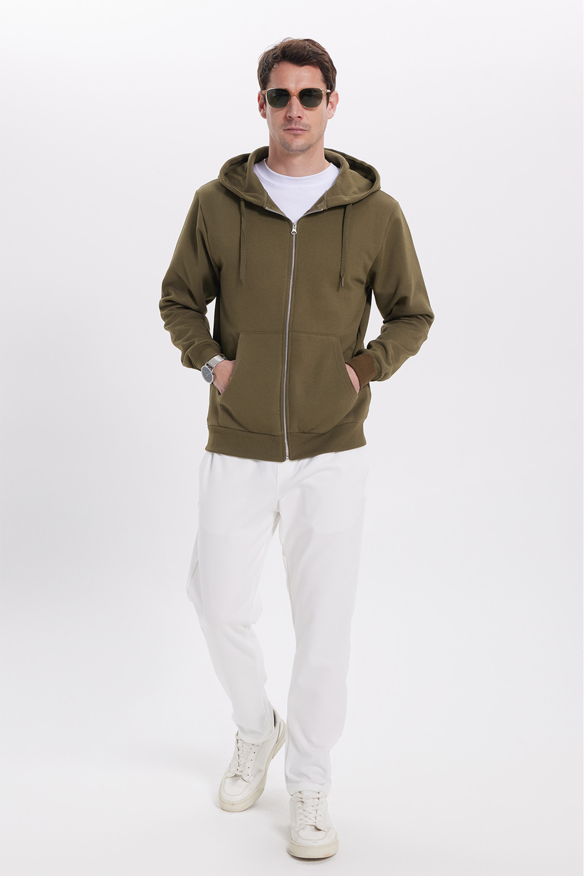 Tudors  Unisex Relax Fit Rahat Kesim Pamuklu İçi Polarlı Çift Cepli Tam Fermuarlı Haki Kapüşonlu Sweat - Görsel 5