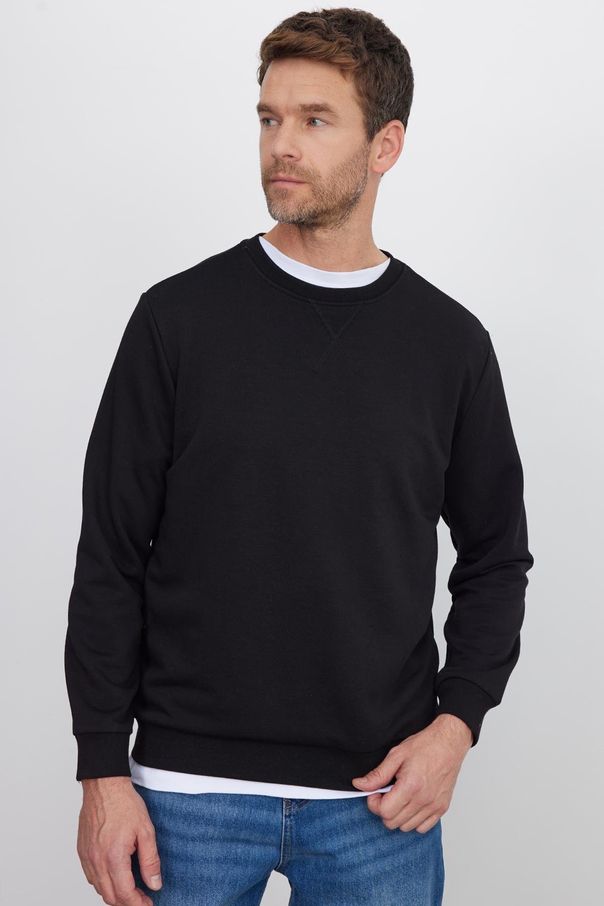 Unisex Relax Fit Rahat Kesim %100 Pamuk 3 İplik Basic Siyah Bisiklet Yaka Sweatshirt 2