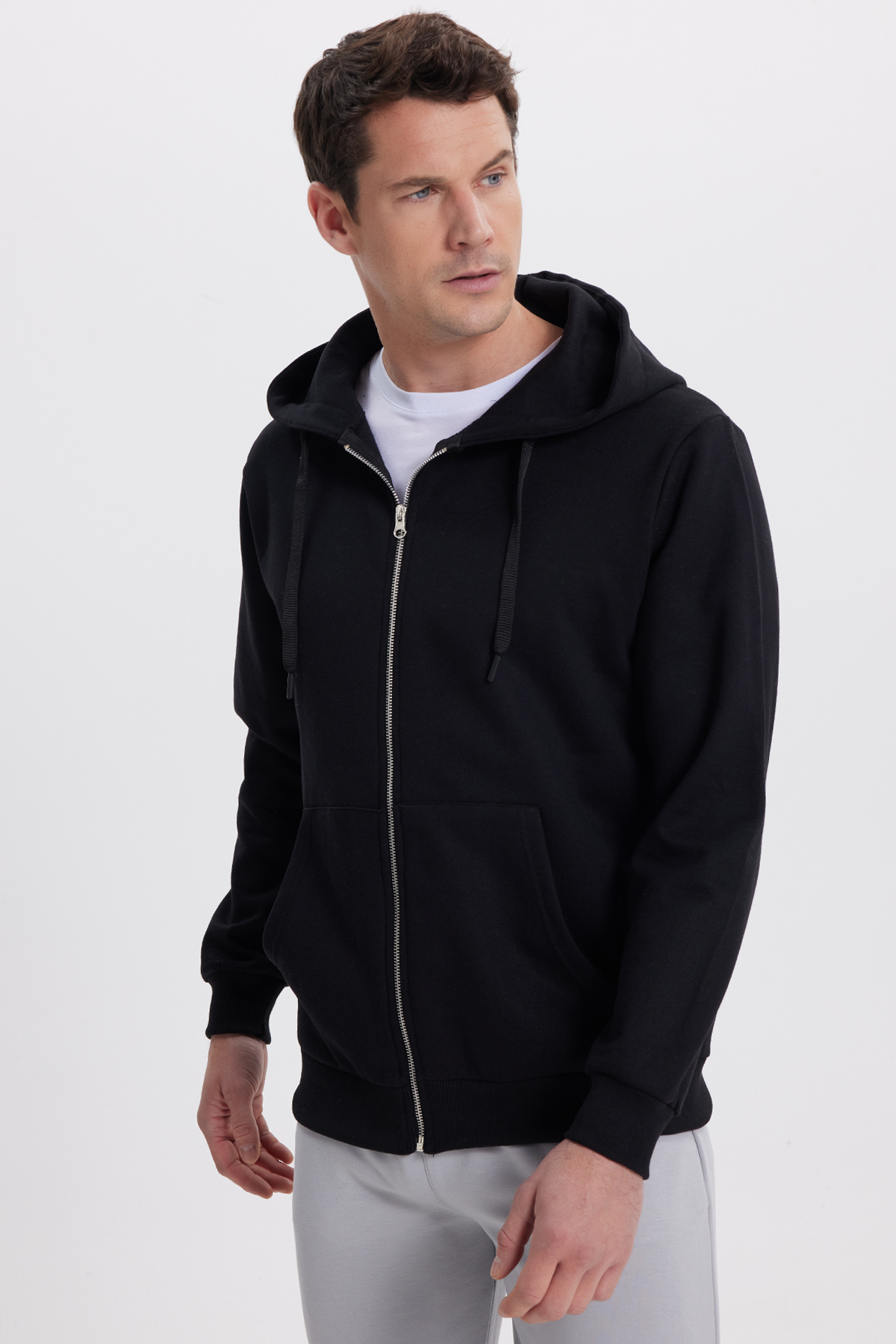 Tudors Unisex Relax Fit Rahat Kesim Pamuklu İçi Polarlı Çift Cepli Tam Fermuarlı Siyah Kapüşonlu Sweatshirt görsel 5