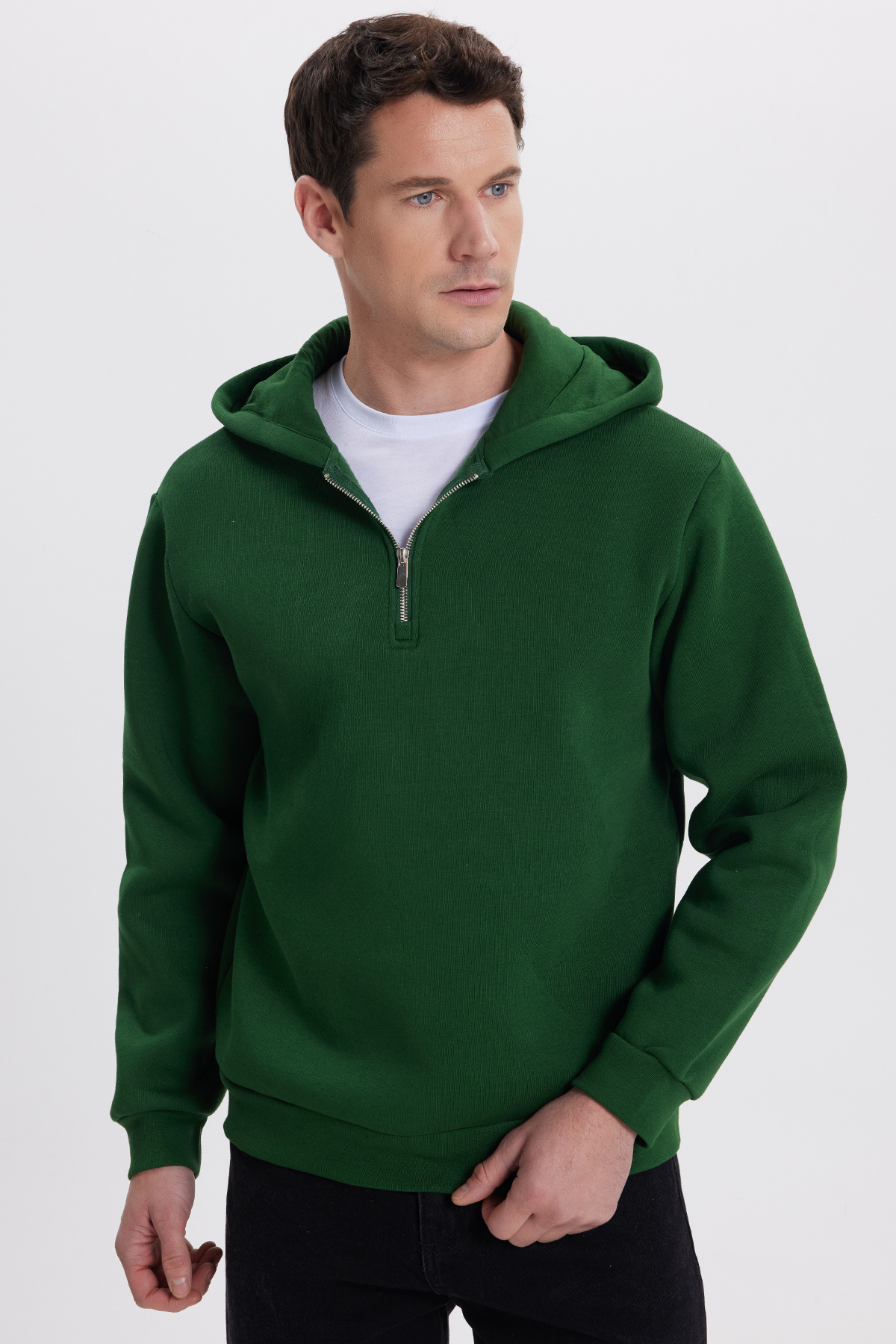 Tudors  Unisex Relax Fit Rahat Kesim Pamuklu İçi Polarlı Yarım Fermuarlı Yeşil Kapüşonlu Sweatshirt - Görsel 7